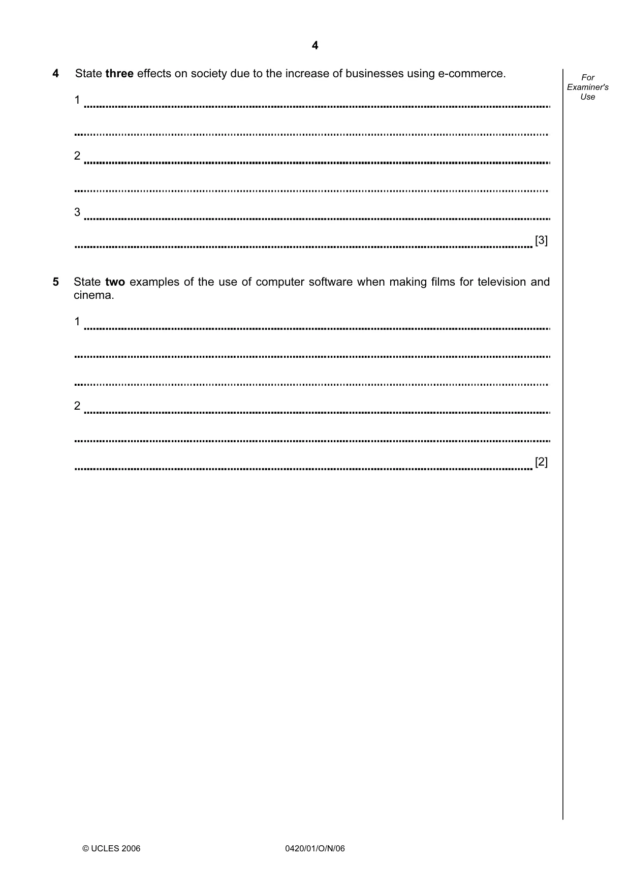 Cambridge IGCSE Computer Studies 0420 2006 Oct/Nov Paper 1 · Variant 1 question paper, page 4 of 20