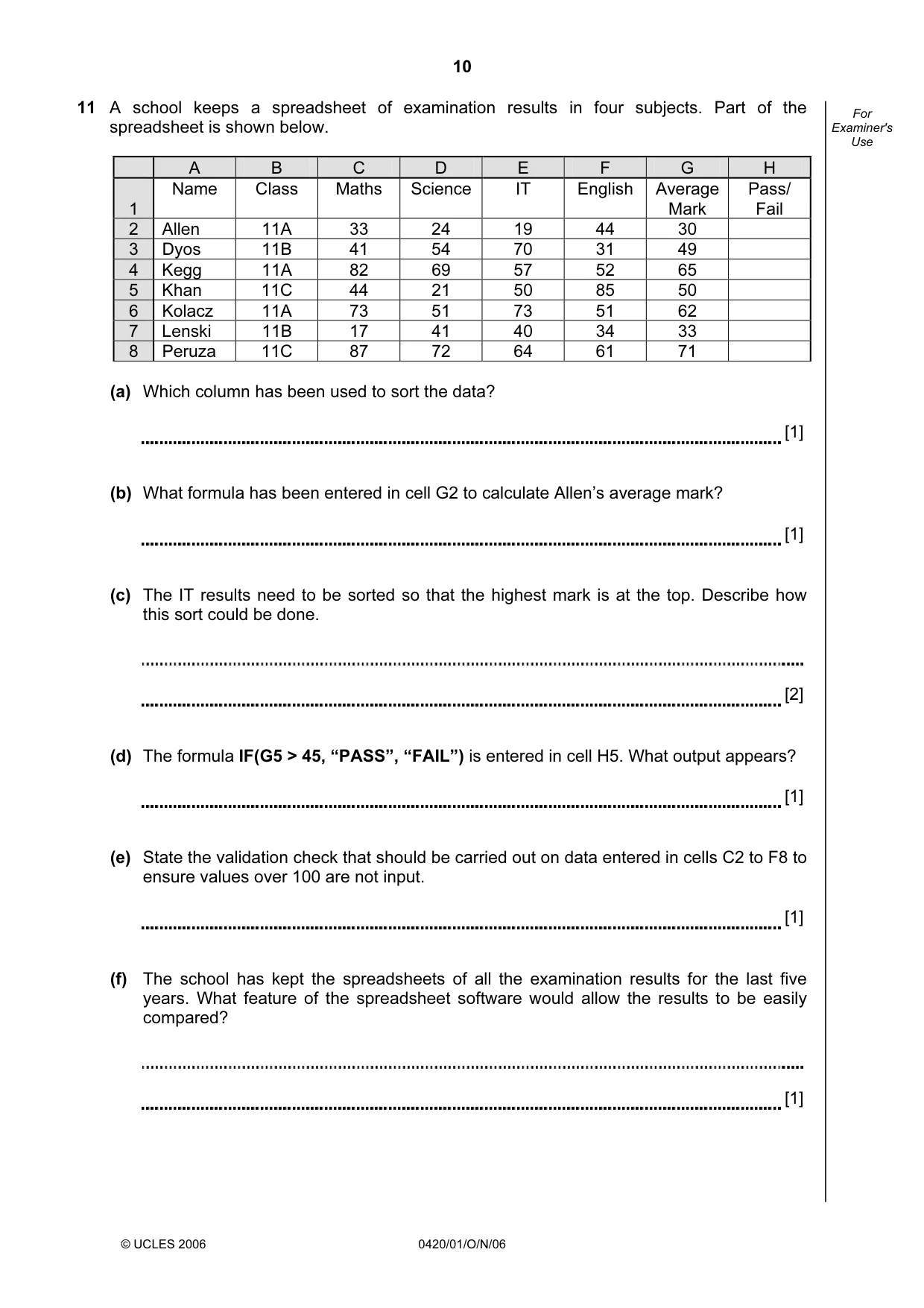 Cambridge IGCSE Computer Studies 0420 2006 Oct/Nov Paper 1 · Variant 1 question paper, page 10 of 20
