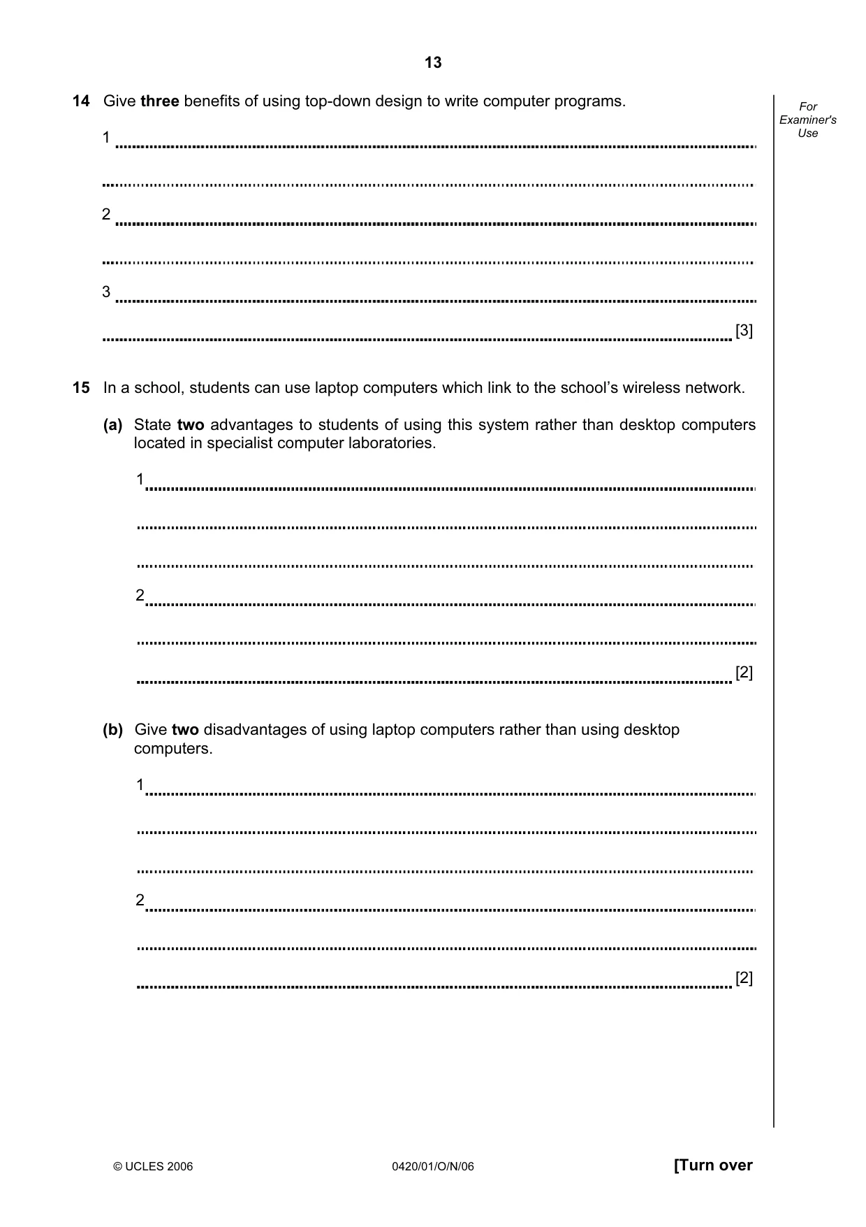 Cambridge IGCSE Computer Studies 0420 2006 Oct/Nov Paper 1 · Variant 1 question paper, page 13 of 20