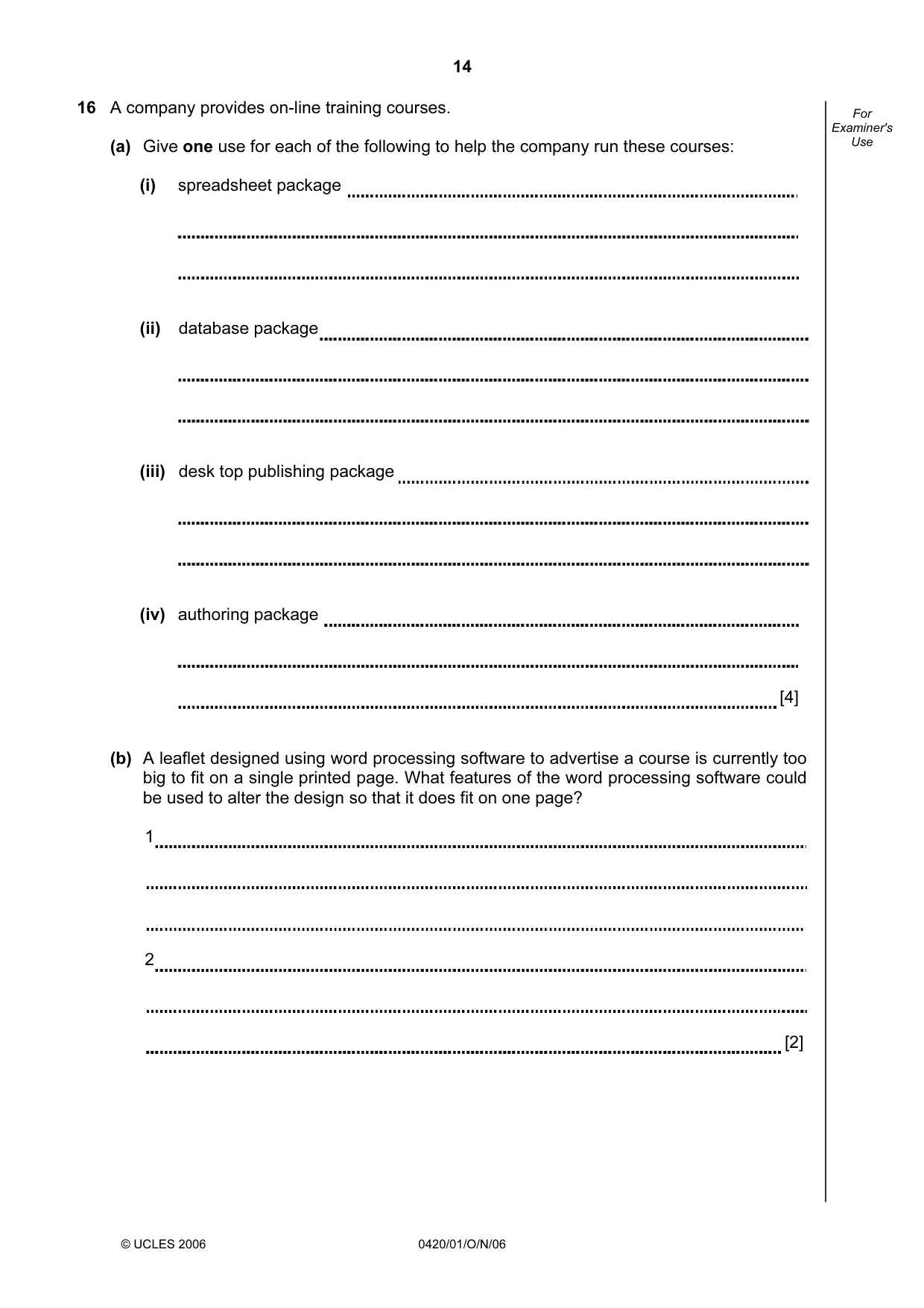 Cambridge IGCSE Computer Studies 0420 2006 Oct/Nov Paper 1 · Variant 1 question paper, page 14 of 20
