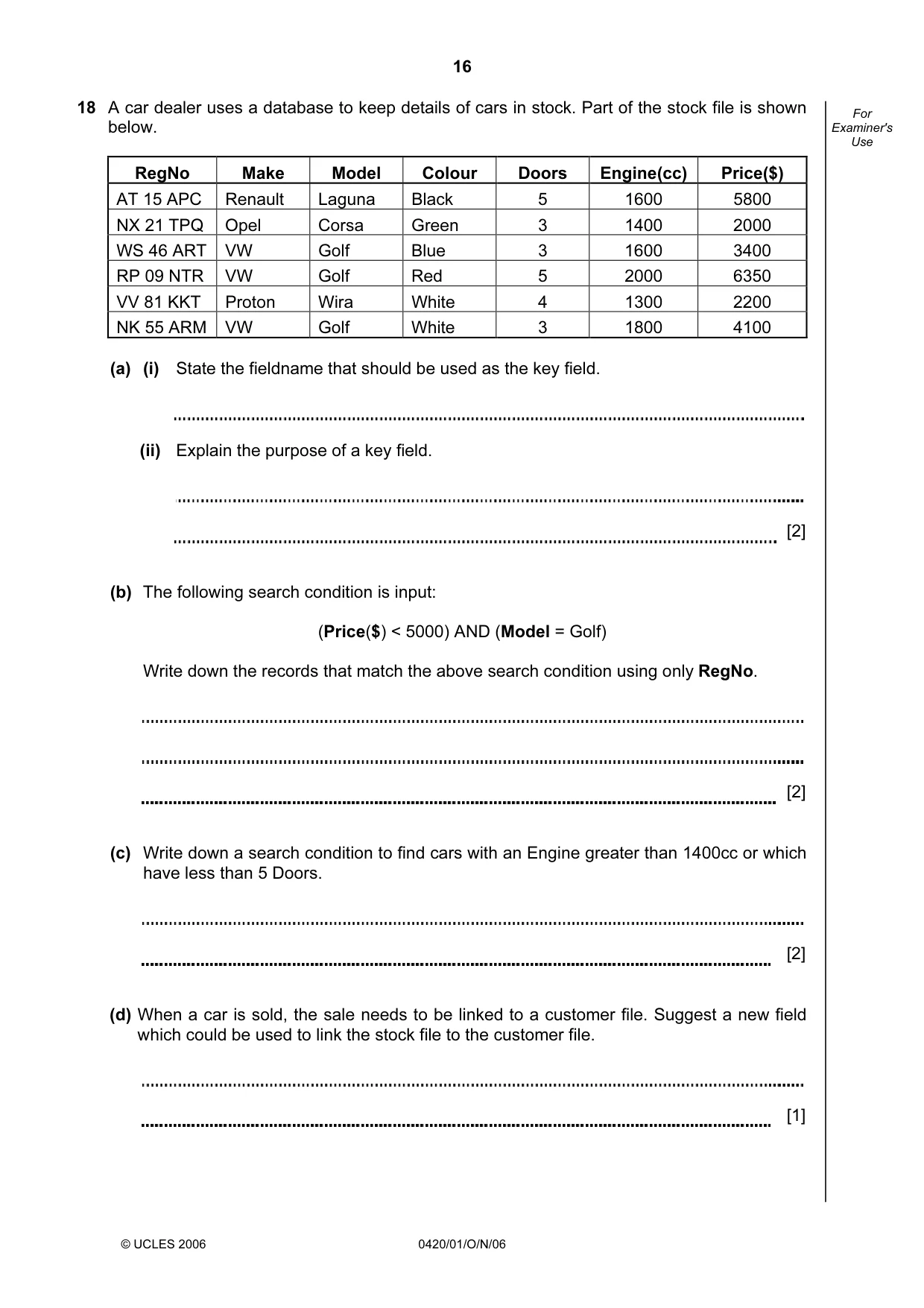 Cambridge IGCSE Computer Studies 0420 2006 Oct/Nov Paper 1 · Variant 1 question paper, page 16 of 20