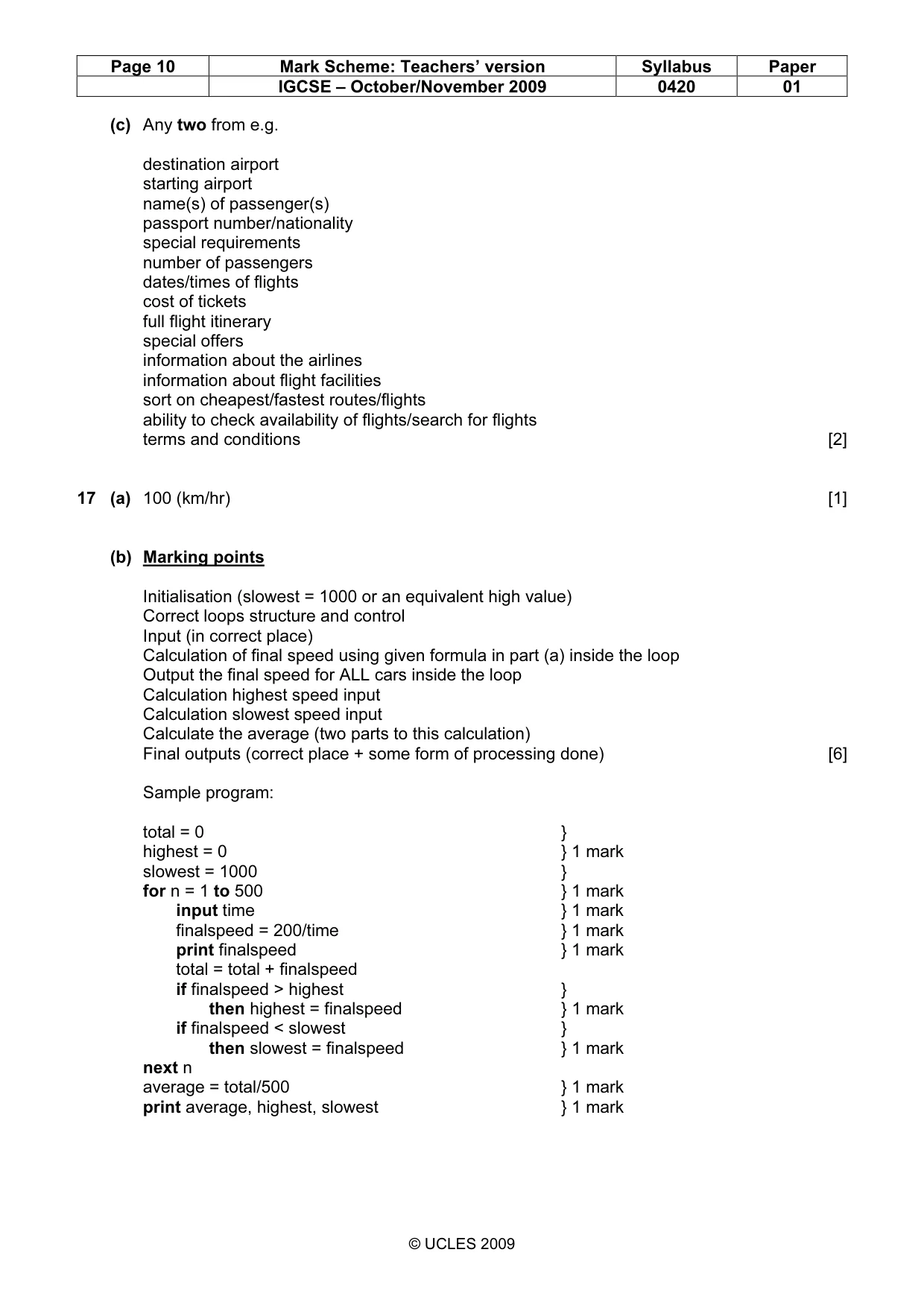 Mark scheme, page 10 of 10
