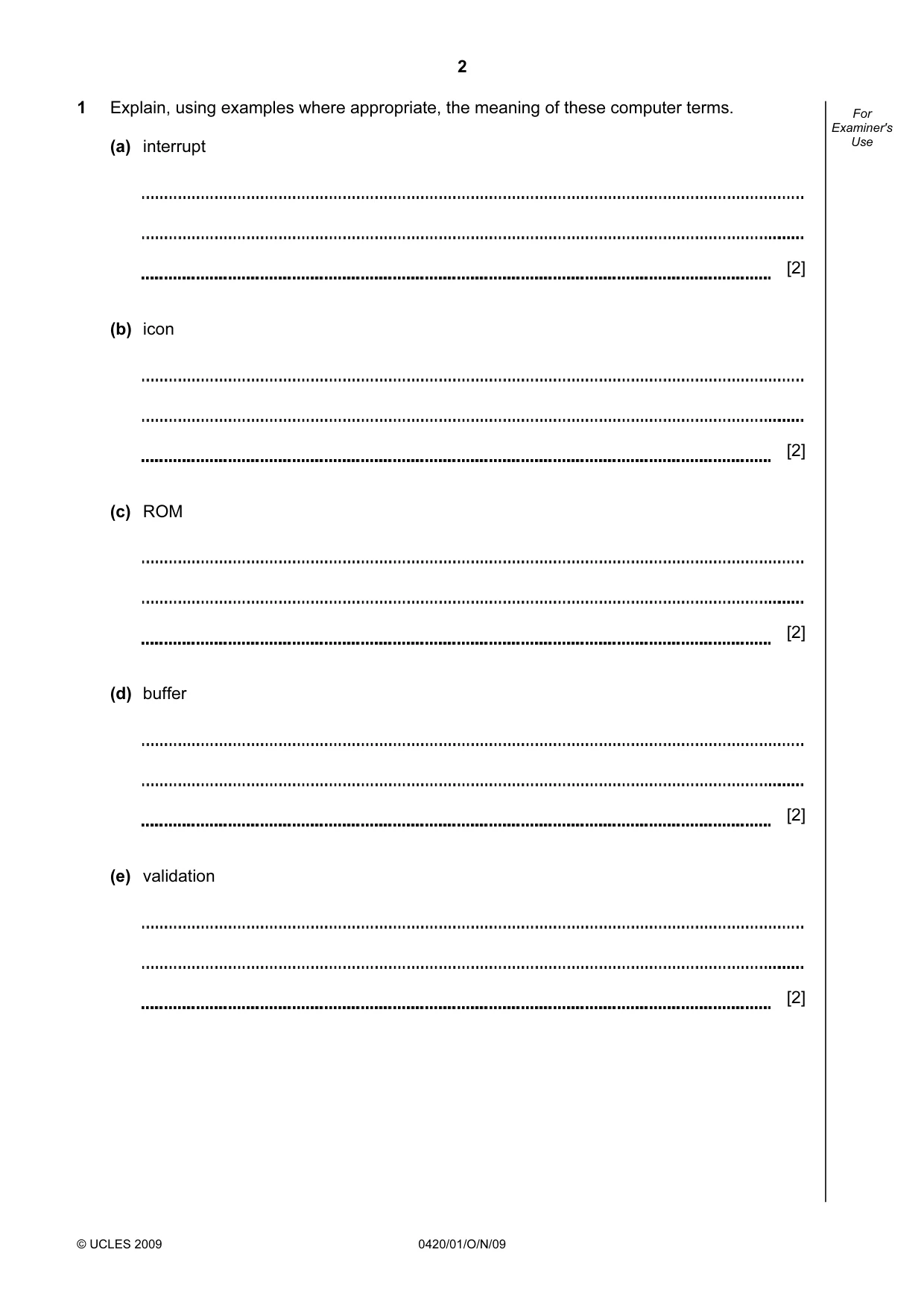 Cambridge IGCSE Computer Studies 0420 2009 Oct/Nov Paper 1 · Variant 1 question paper, page 2 of 20