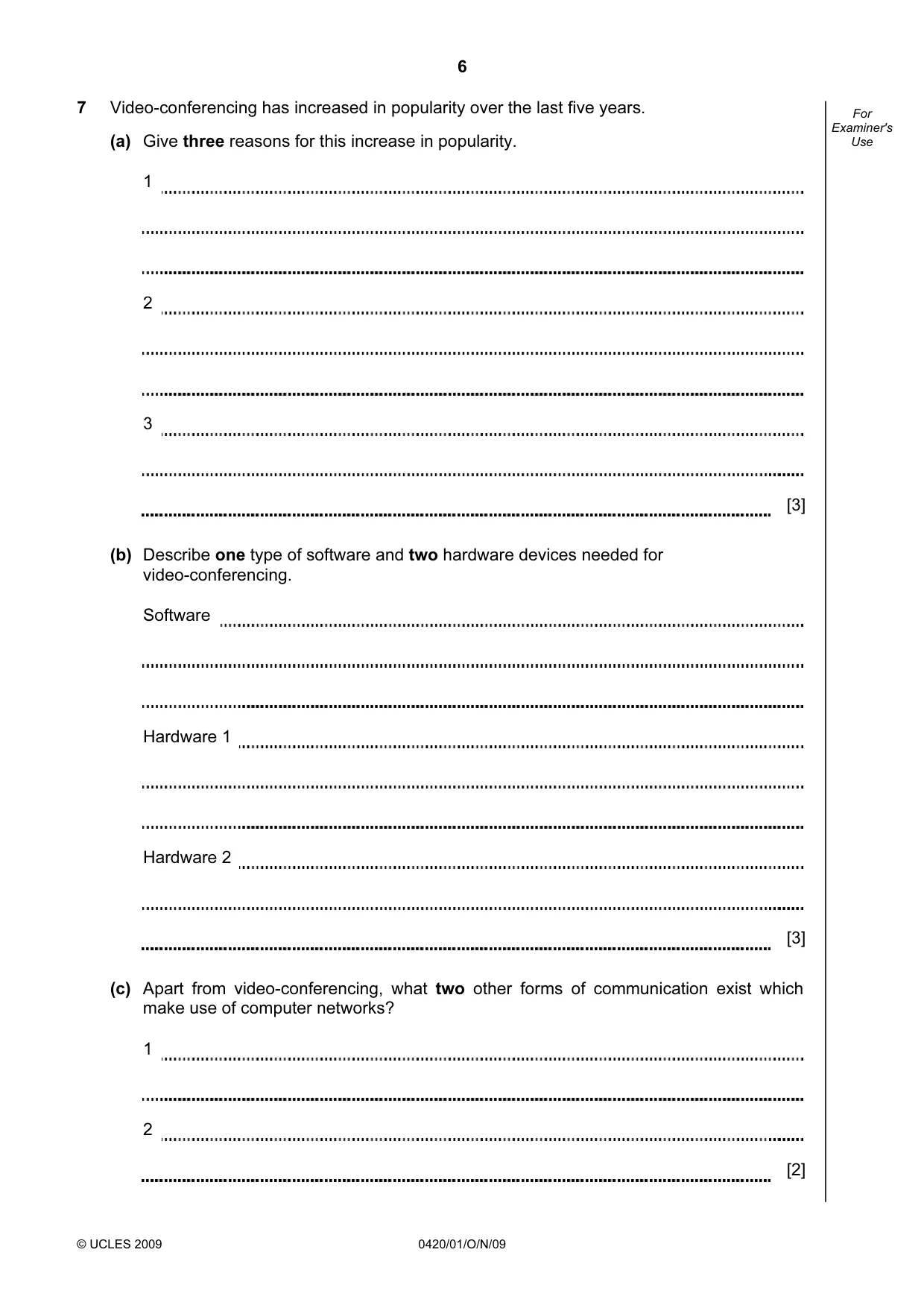 Cambridge IGCSE Computer Studies 0420 2009 Oct/Nov Paper 1 · Variant 1 question paper, page 6 of 20