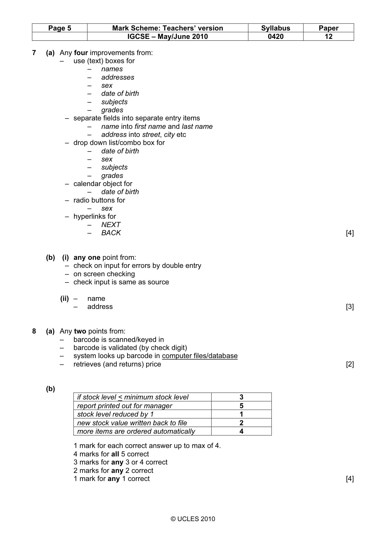 Mark scheme, page 5 of 10