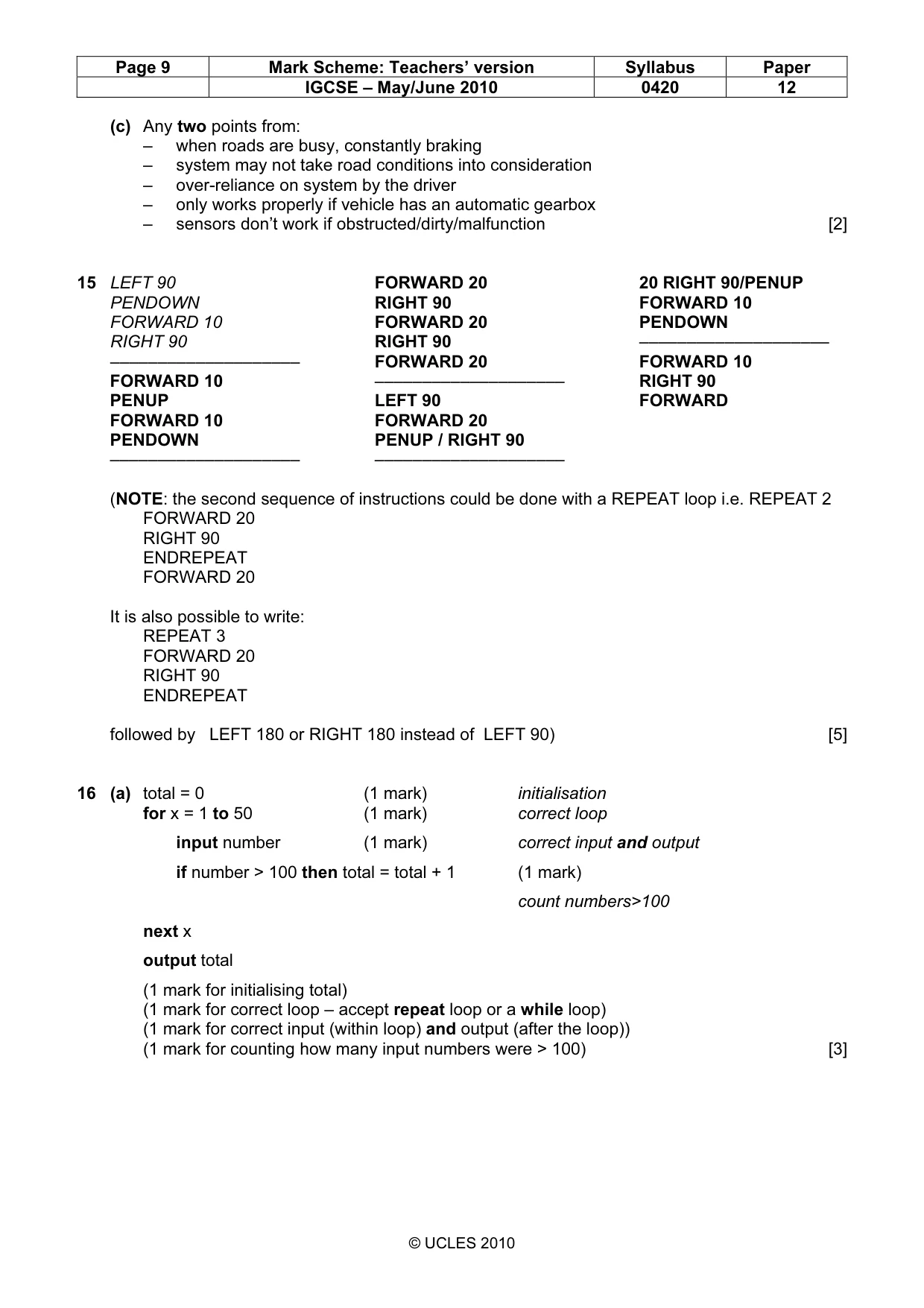 Mark scheme, page 9 of 10