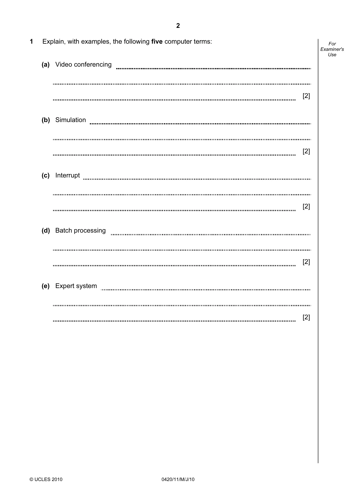 Cambridge IGCSE Computer Studies 0420 2010 May/June Paper 1 · Variant 1 question paper, page 2 of 20