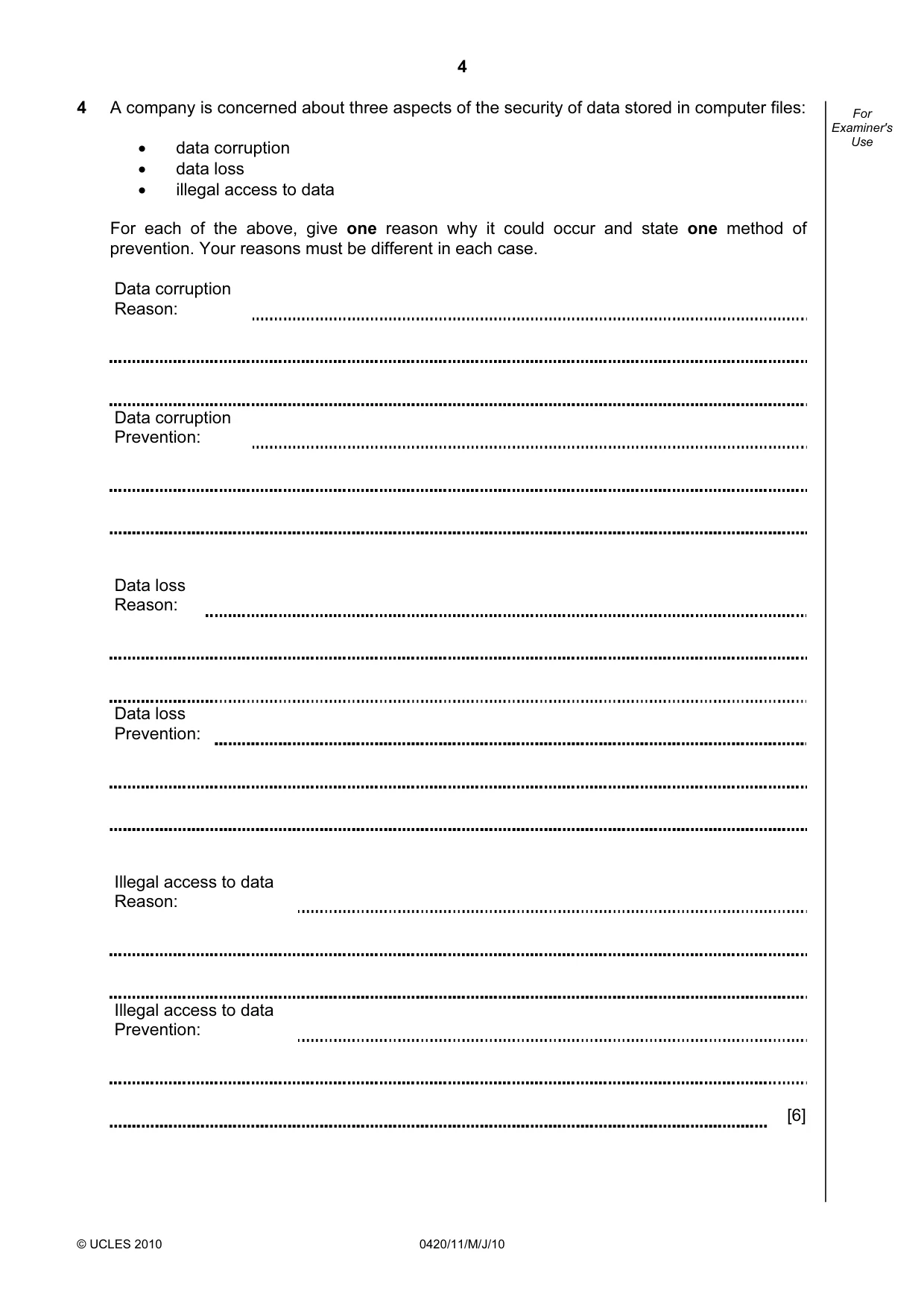 Cambridge IGCSE Computer Studies 0420 2010 May/June Paper 1 · Variant 1 question paper, page 4 of 20