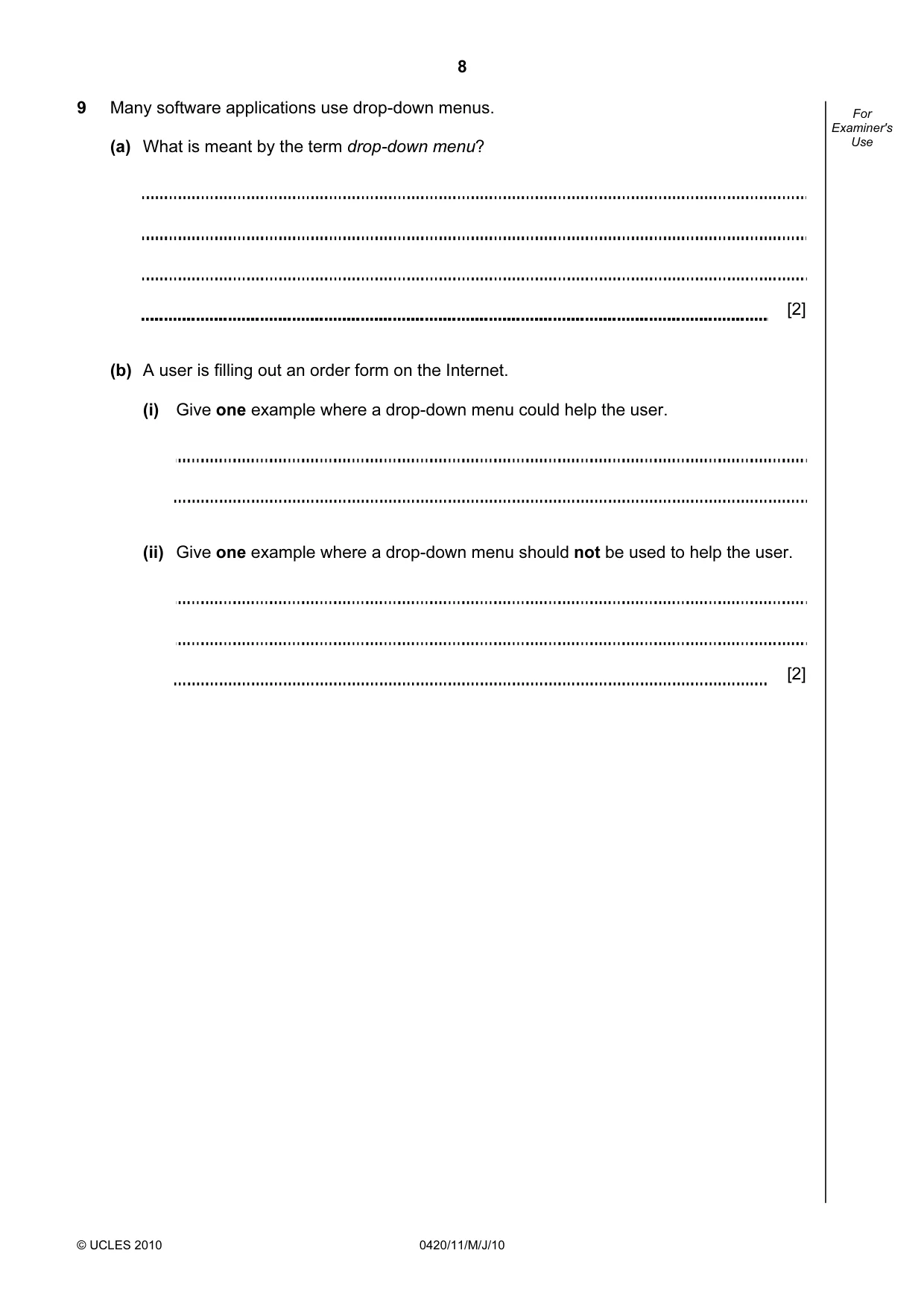 Cambridge IGCSE Computer Studies 0420 2010 May/June Paper 1 · Variant 1 question paper, page 8 of 20