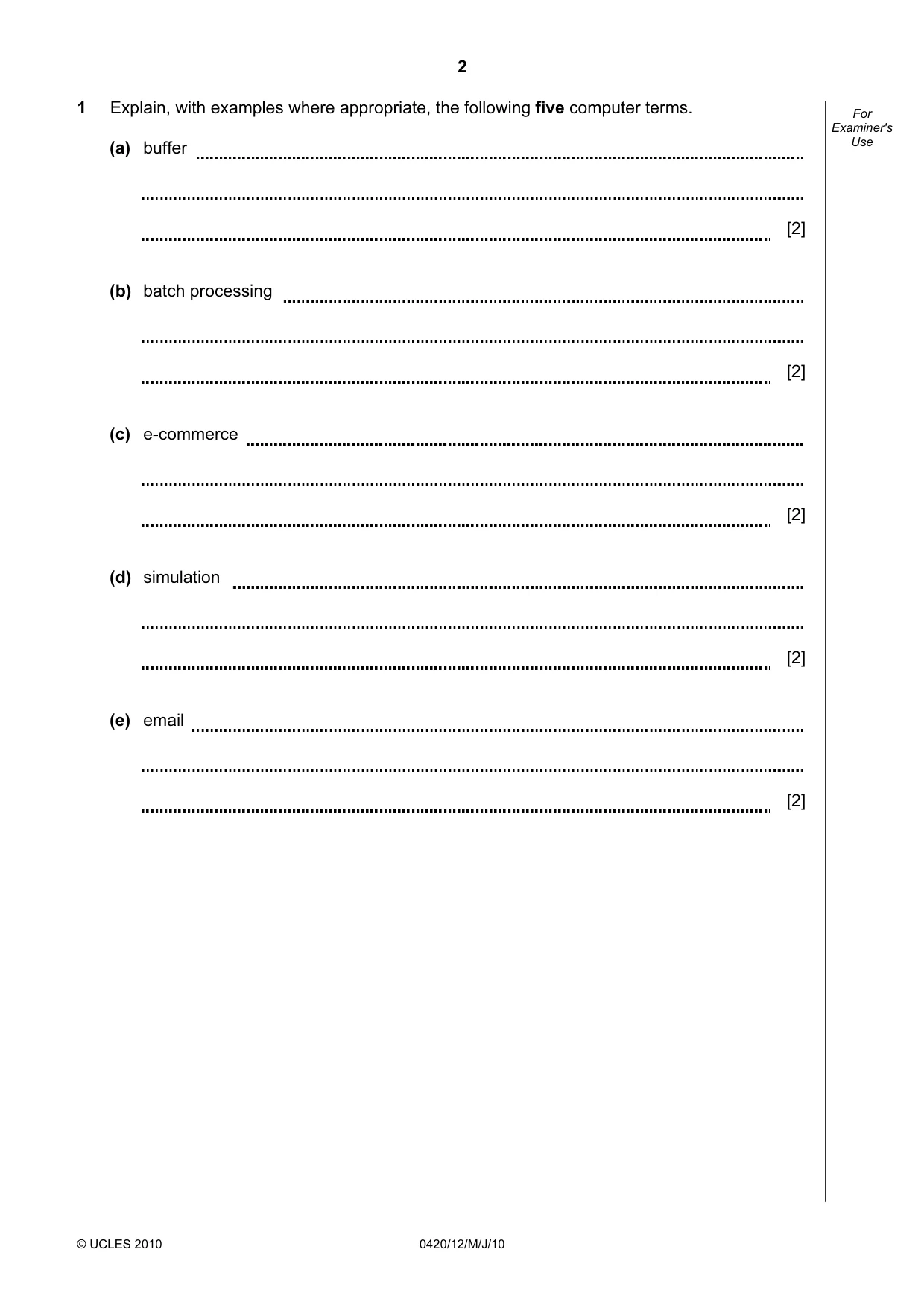 Cambridge IGCSE Computer Studies 0420 2010 May/June Paper 1 · Variant 2 question paper, page 2 of 20