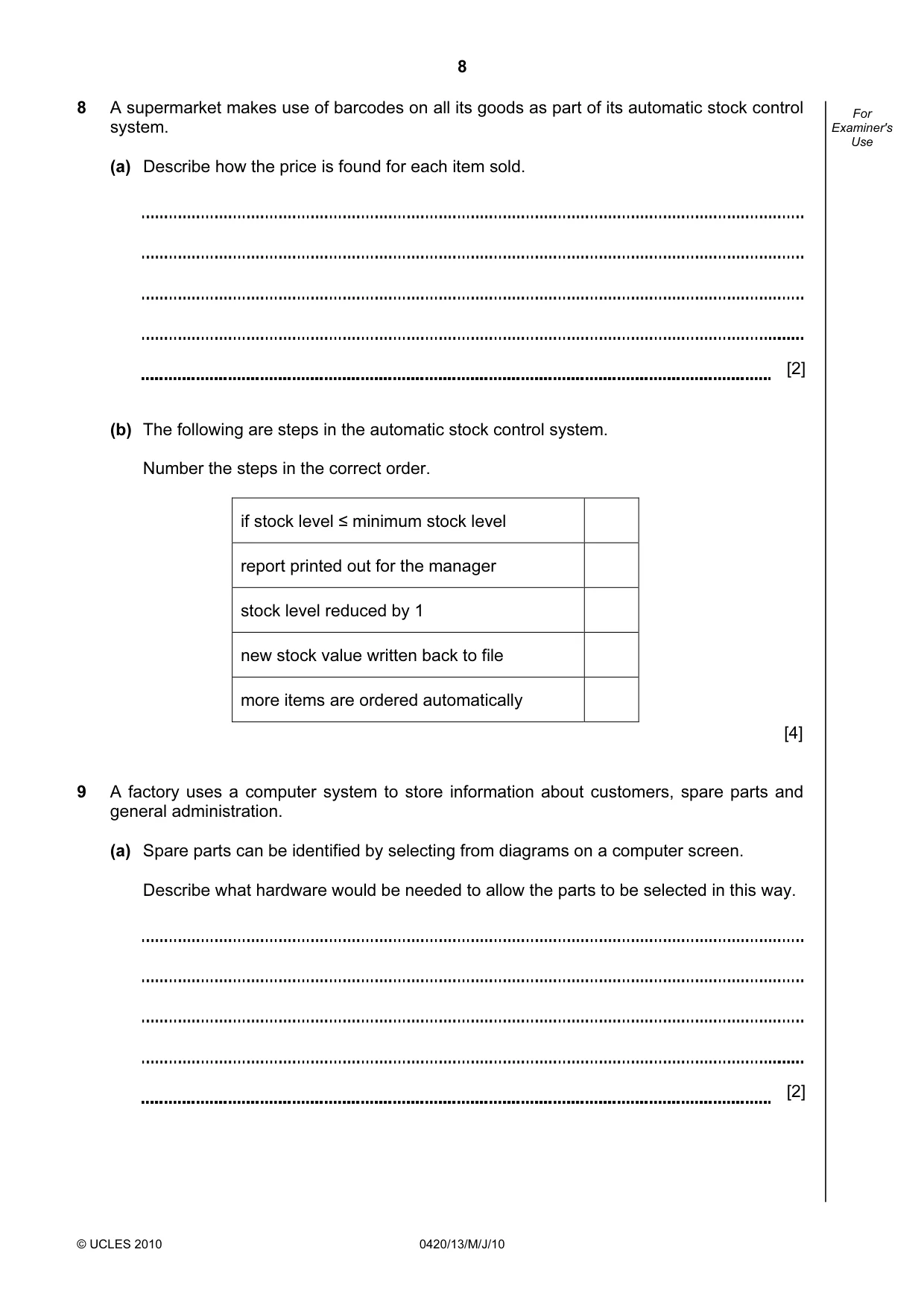 Cambridge IGCSE Computer Studies 0420 2010 May/June Paper 1 · Variant 3 question paper, page 8 of 20