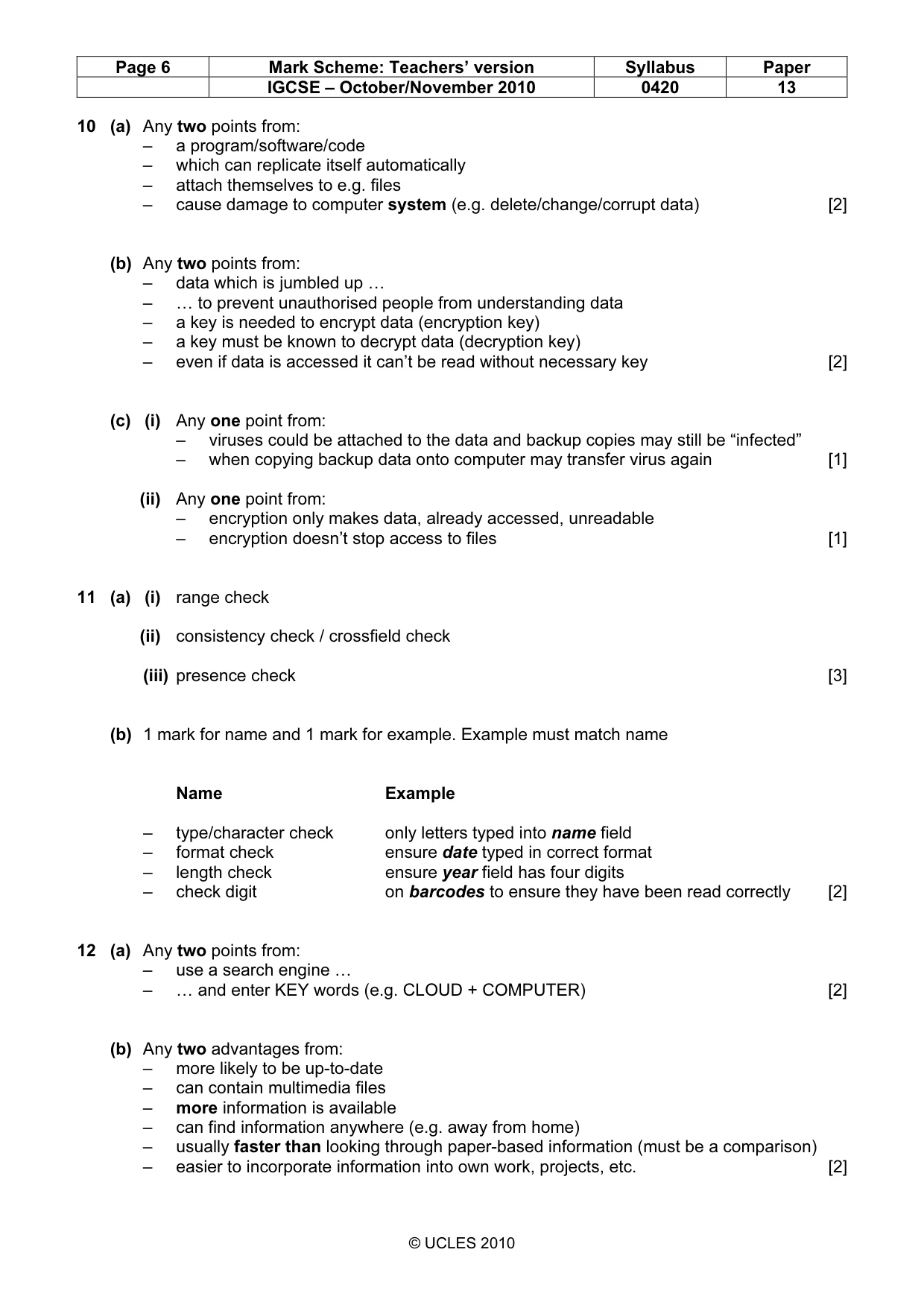 Mark scheme, page 6 of 10