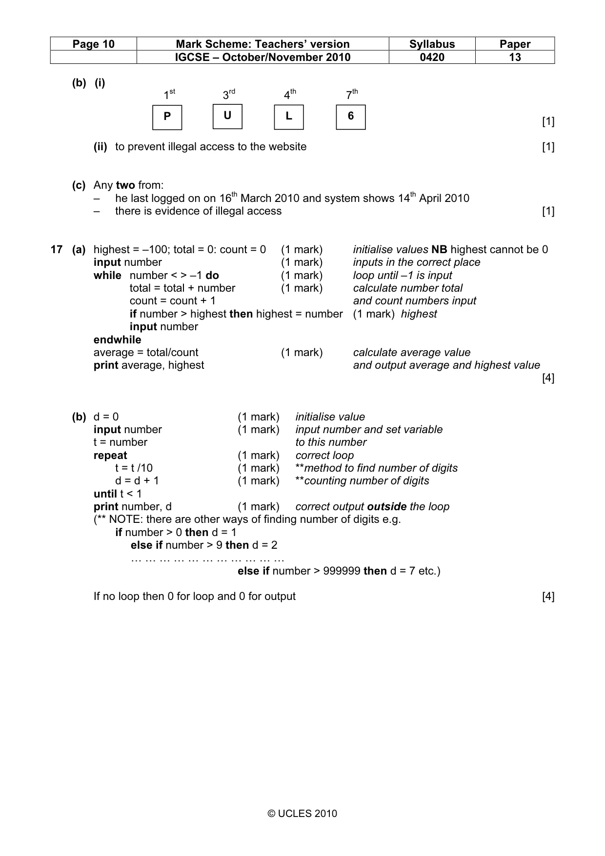 Mark scheme, page 10 of 10