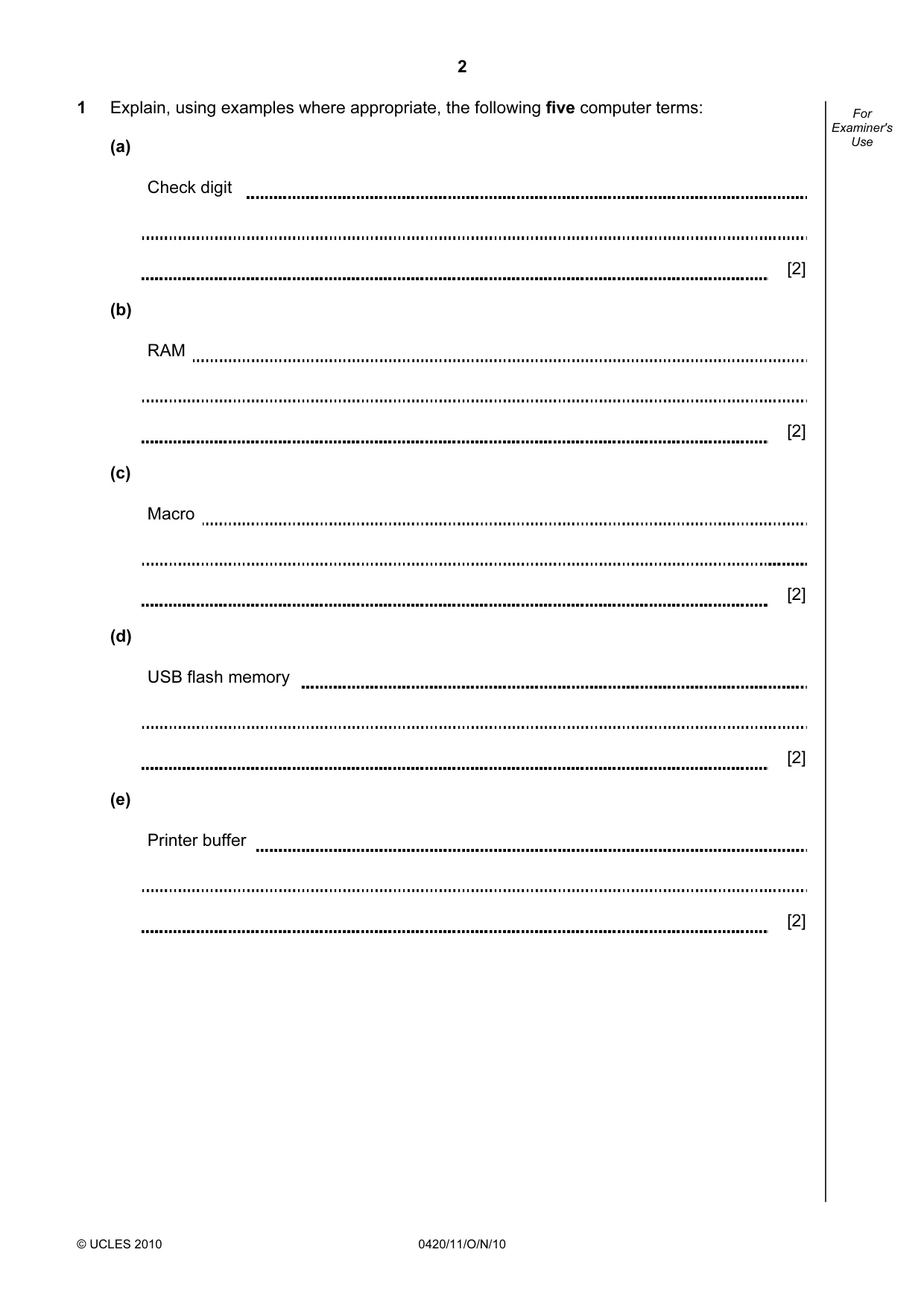 Cambridge IGCSE Computer Studies 0420 2010 Oct/Nov Paper 1 · Variant 1 question paper, page 2 of 20