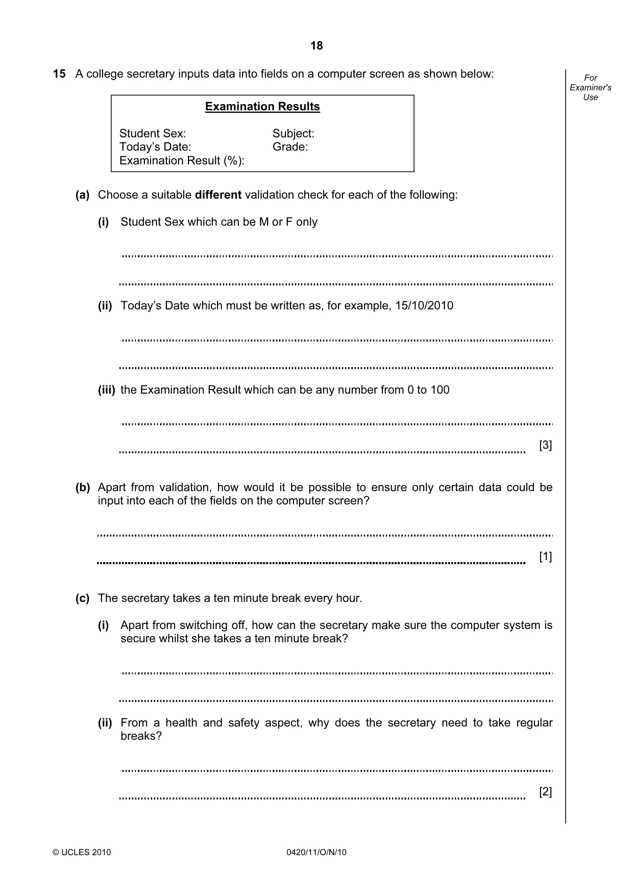 Cambridge IGCSE Computer Studies 0420 2010 Oct/Nov Paper 1 · Variant 1 question paper, page 18 of 20