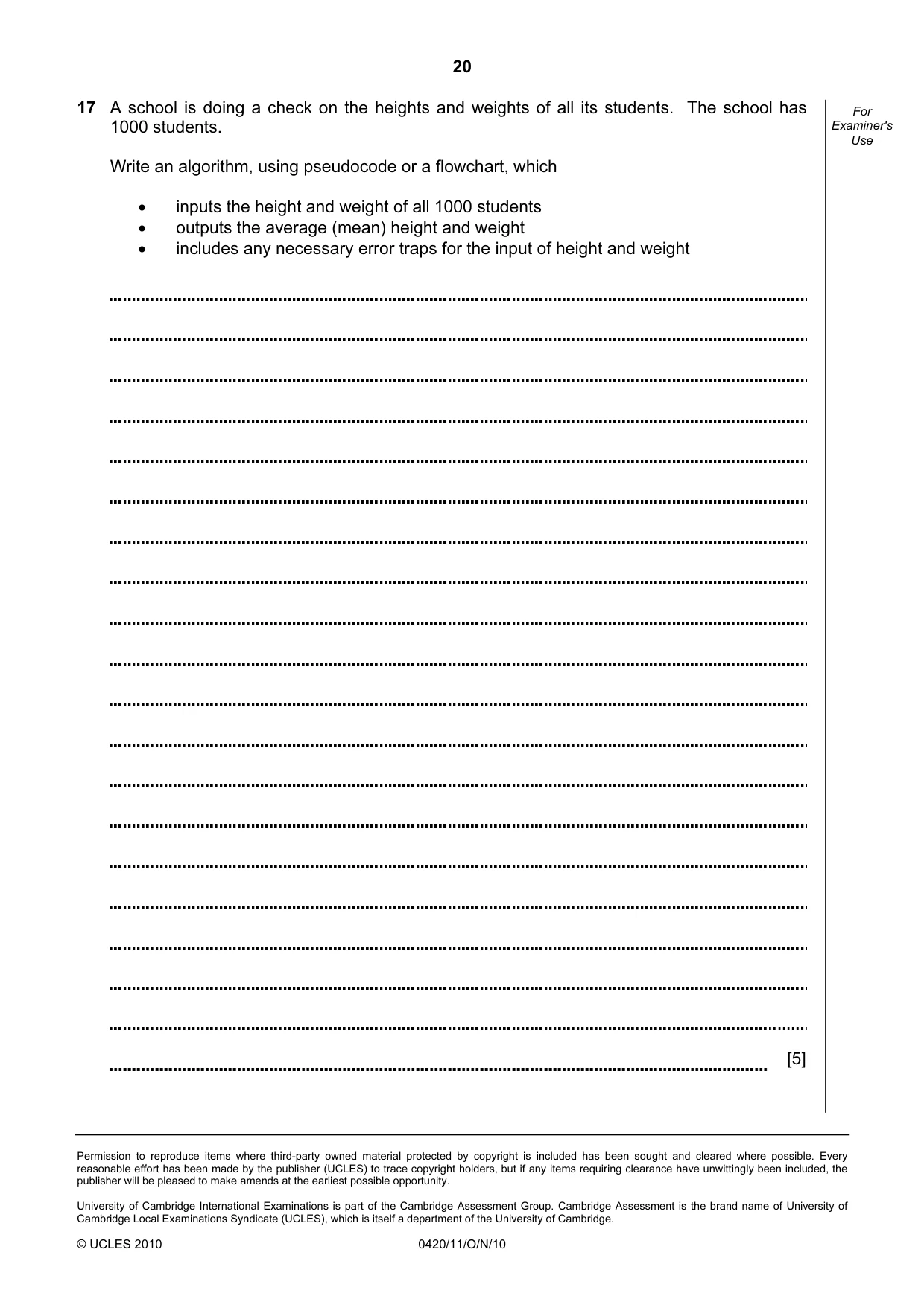 Cambridge IGCSE Computer Studies 0420 2010 Oct/Nov Paper 1 · Variant 1 question paper, page 20 of 20