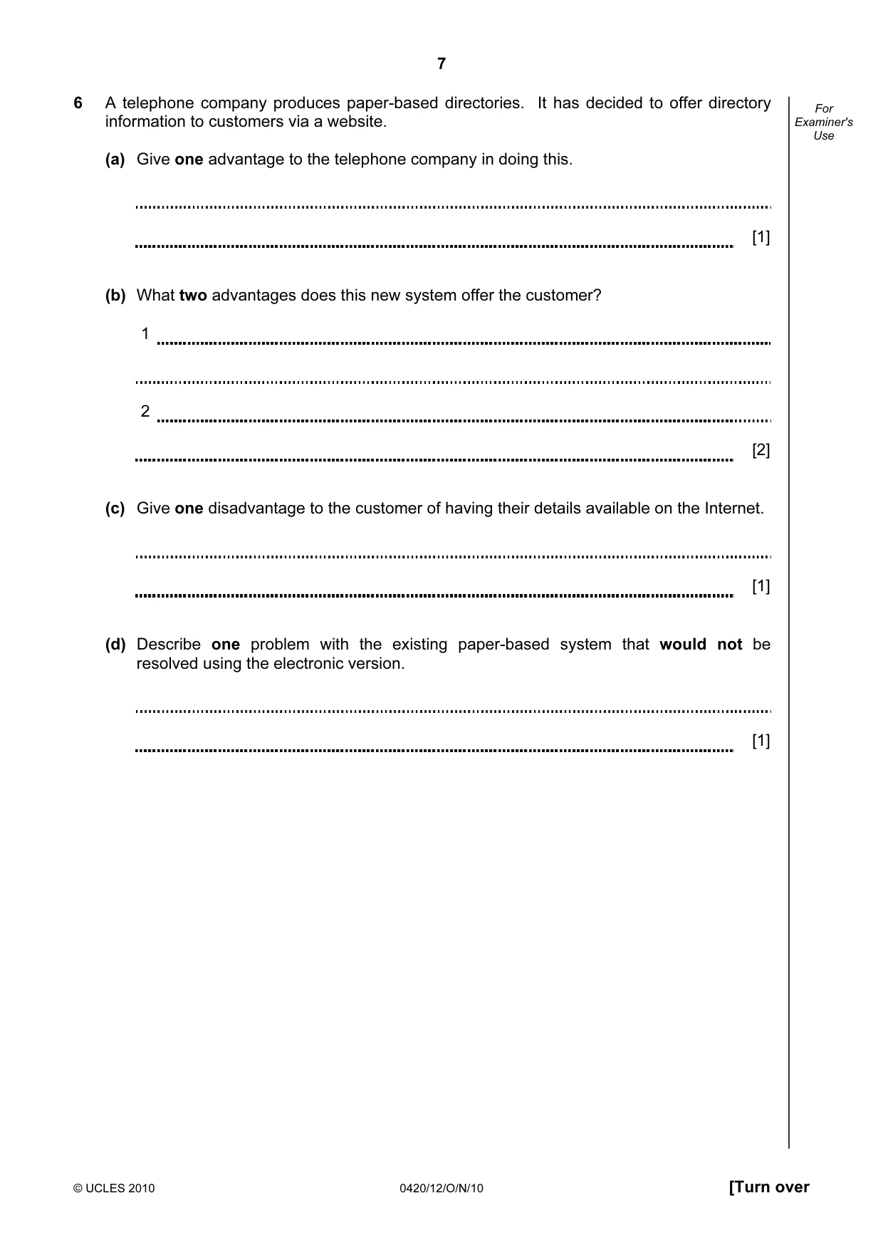 Cambridge IGCSE Computer Studies 0420 2010 Oct/Nov Paper 1 · Variant 2 question paper, page 7 of 20