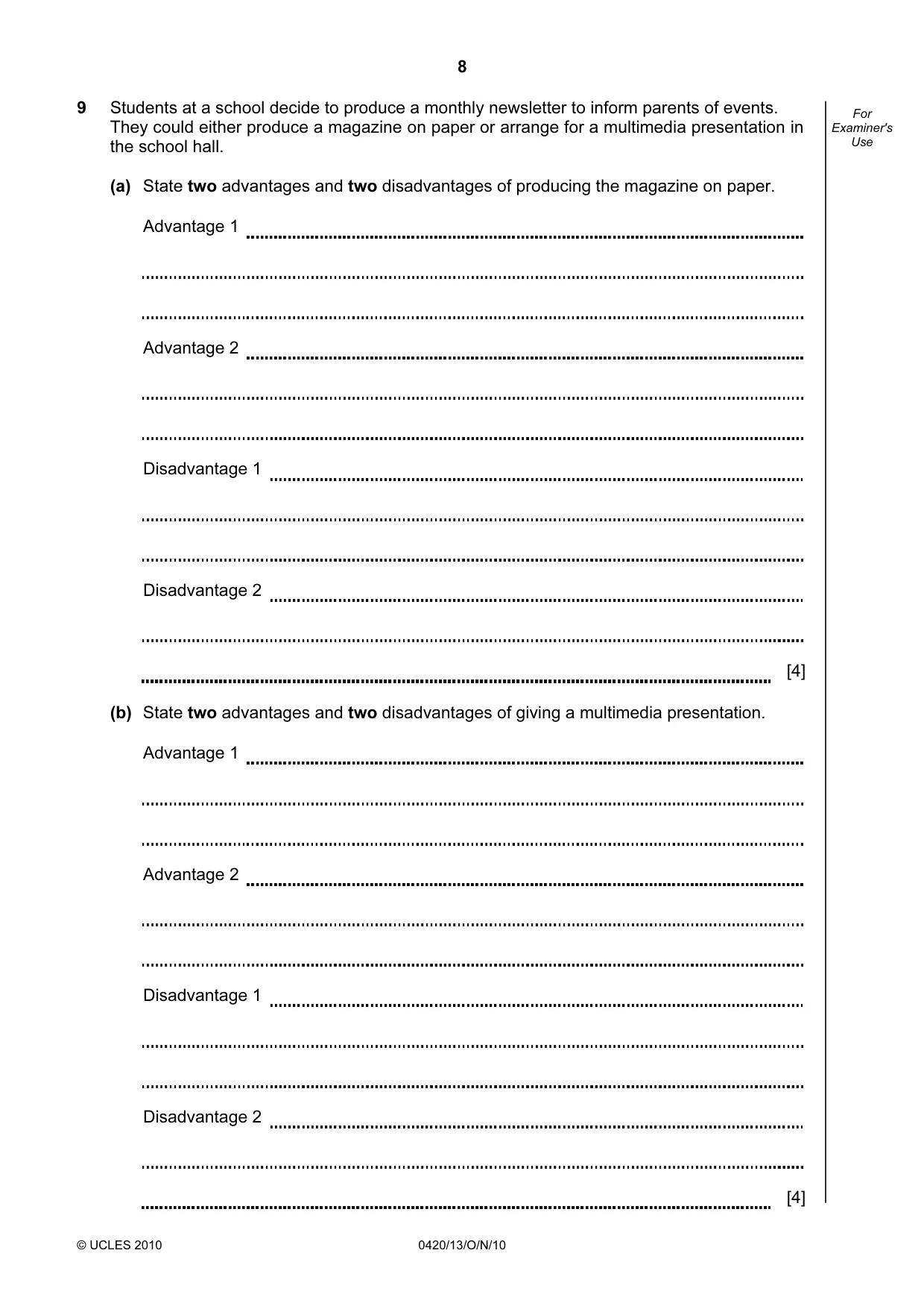 Cambridge IGCSE Computer Studies 0420 2010 Oct/Nov Paper 1 · Variant 3 question paper, page 8 of 20