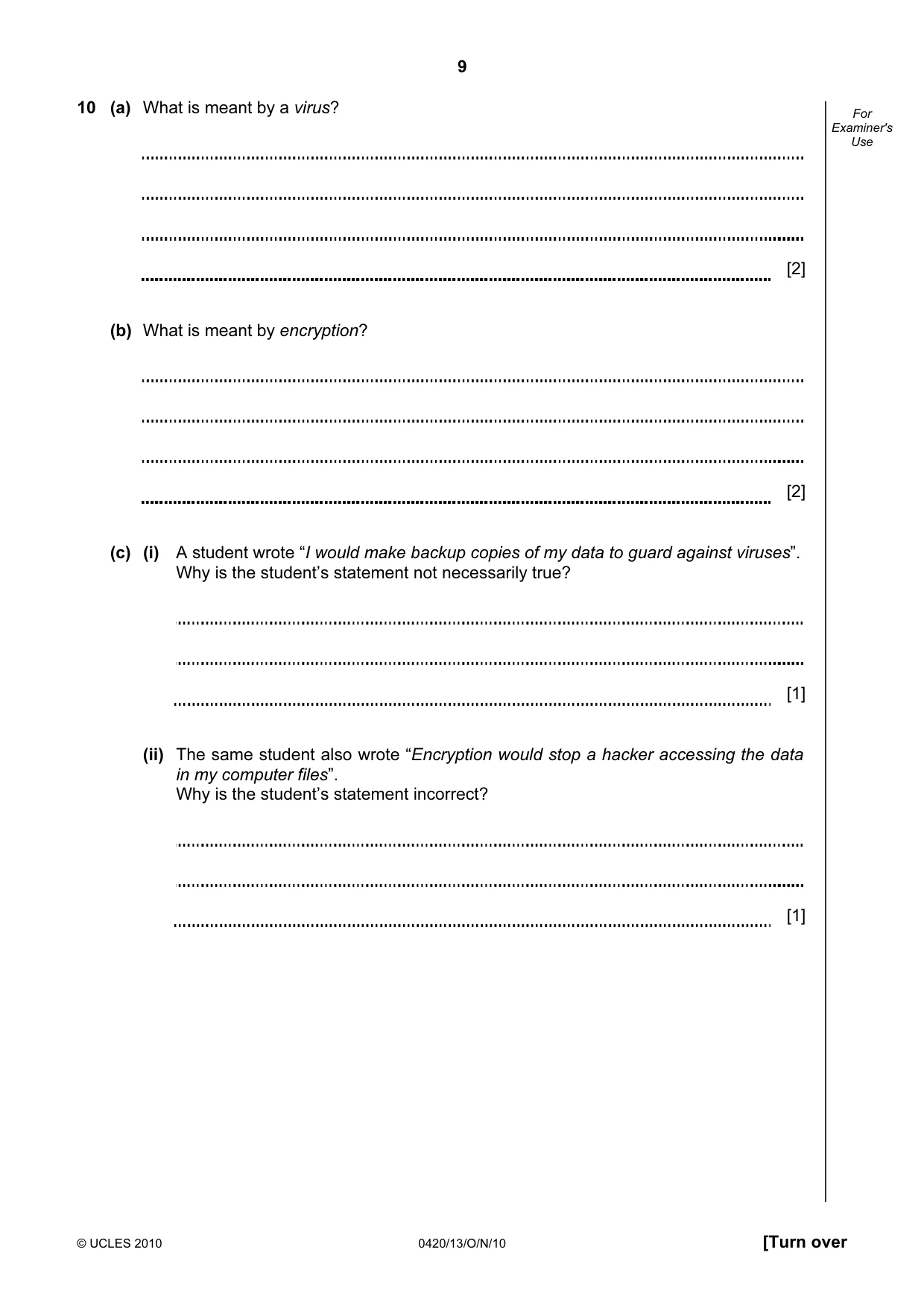 Cambridge IGCSE Computer Studies 0420 2010 Oct/Nov Paper 1 · Variant 3 question paper, page 9 of 20
