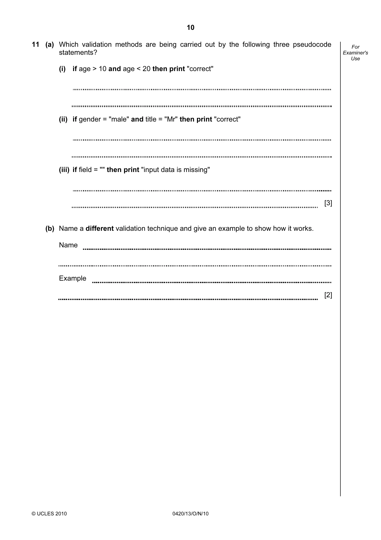 Cambridge IGCSE Computer Studies 0420 2010 Oct/Nov Paper 1 · Variant 3 question paper, page 10 of 20