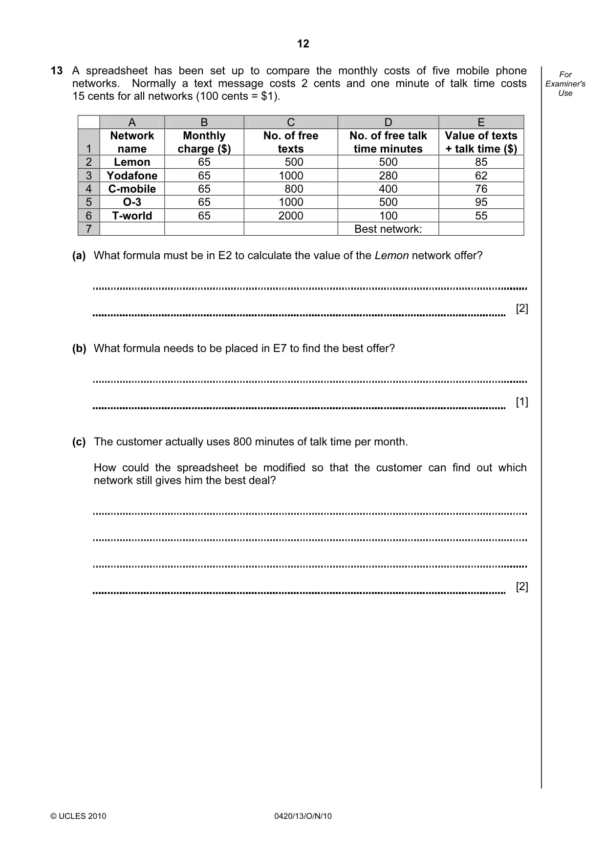 Cambridge IGCSE Computer Studies 0420 2010 Oct/Nov Paper 1 · Variant 3 question paper, page 12 of 20