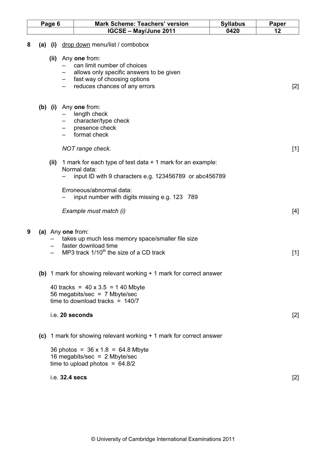 Mark scheme, page 6 of 10