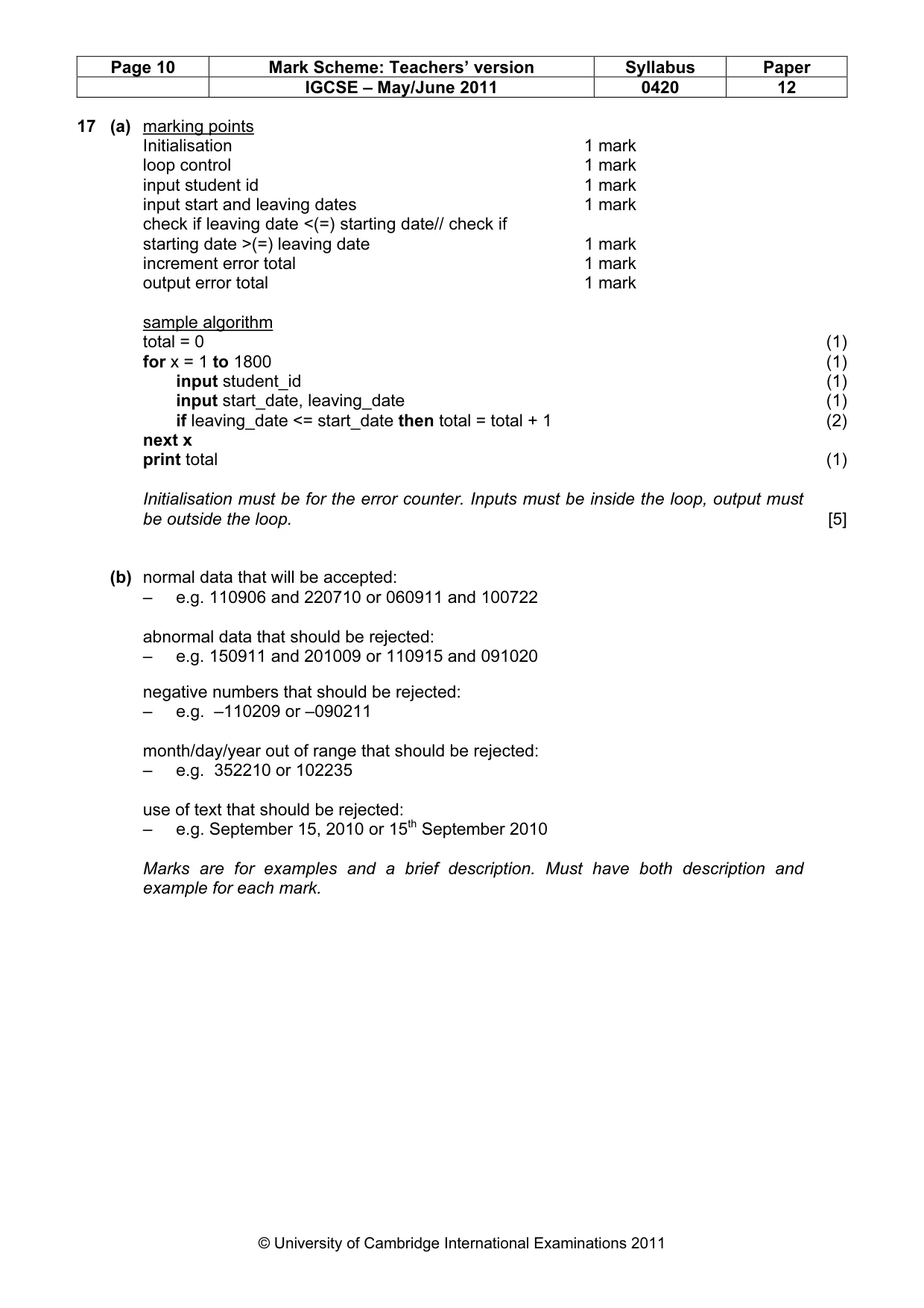 Mark scheme, page 10 of 10