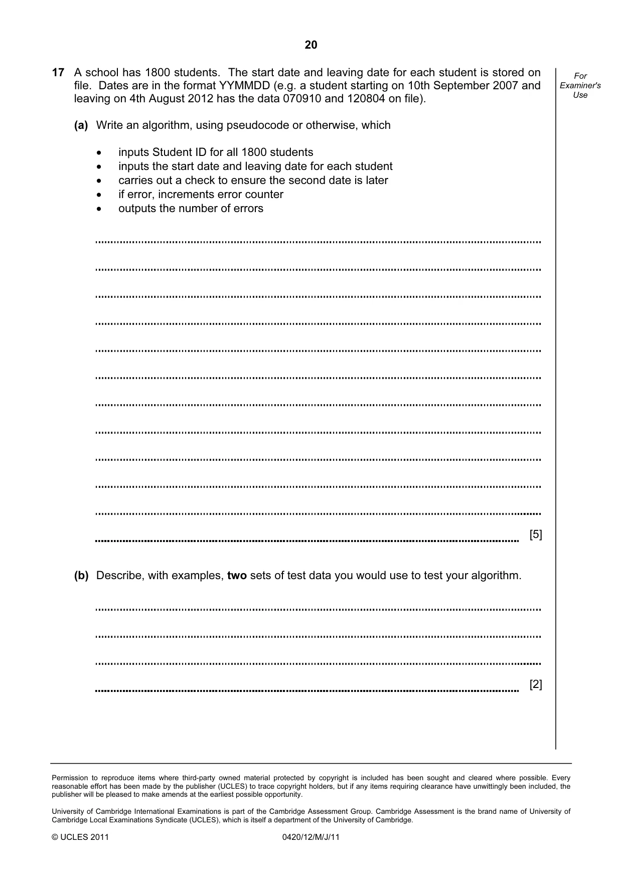 Cambridge IGCSE Computer Studies 0420 2011 May/June Paper 1 · Variant 2 question paper, page 20 of 20
