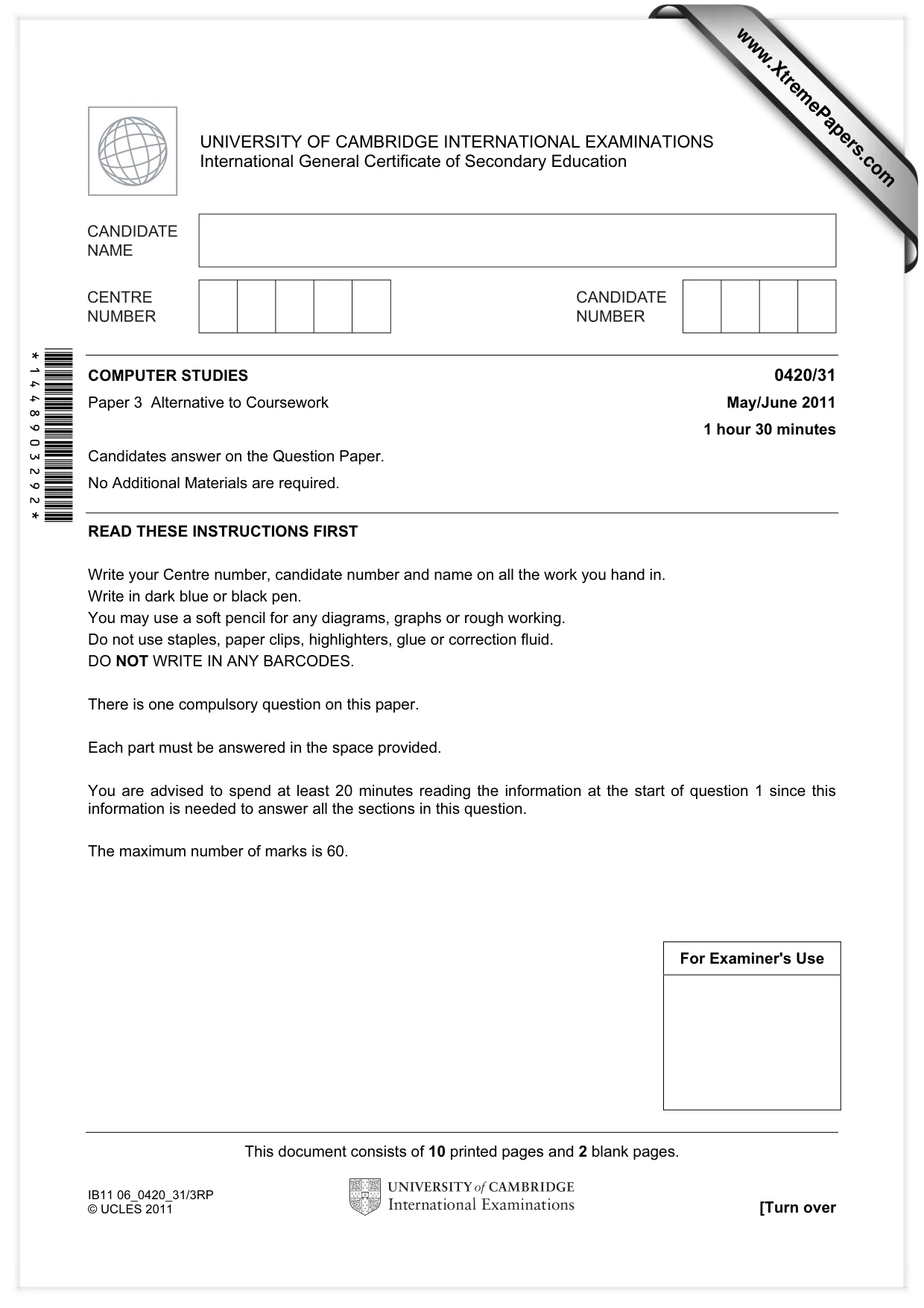 Cambridge IGCSE Computer Studies 0420 2011 May/June Paper 3 · Variant 1 question paper, page 1 of 12