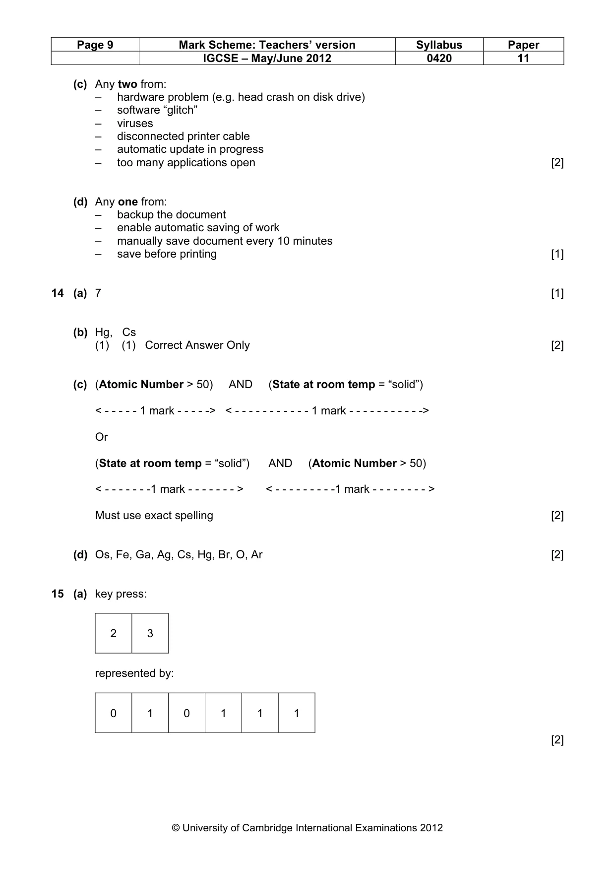 Mark scheme, page 9 of 12
