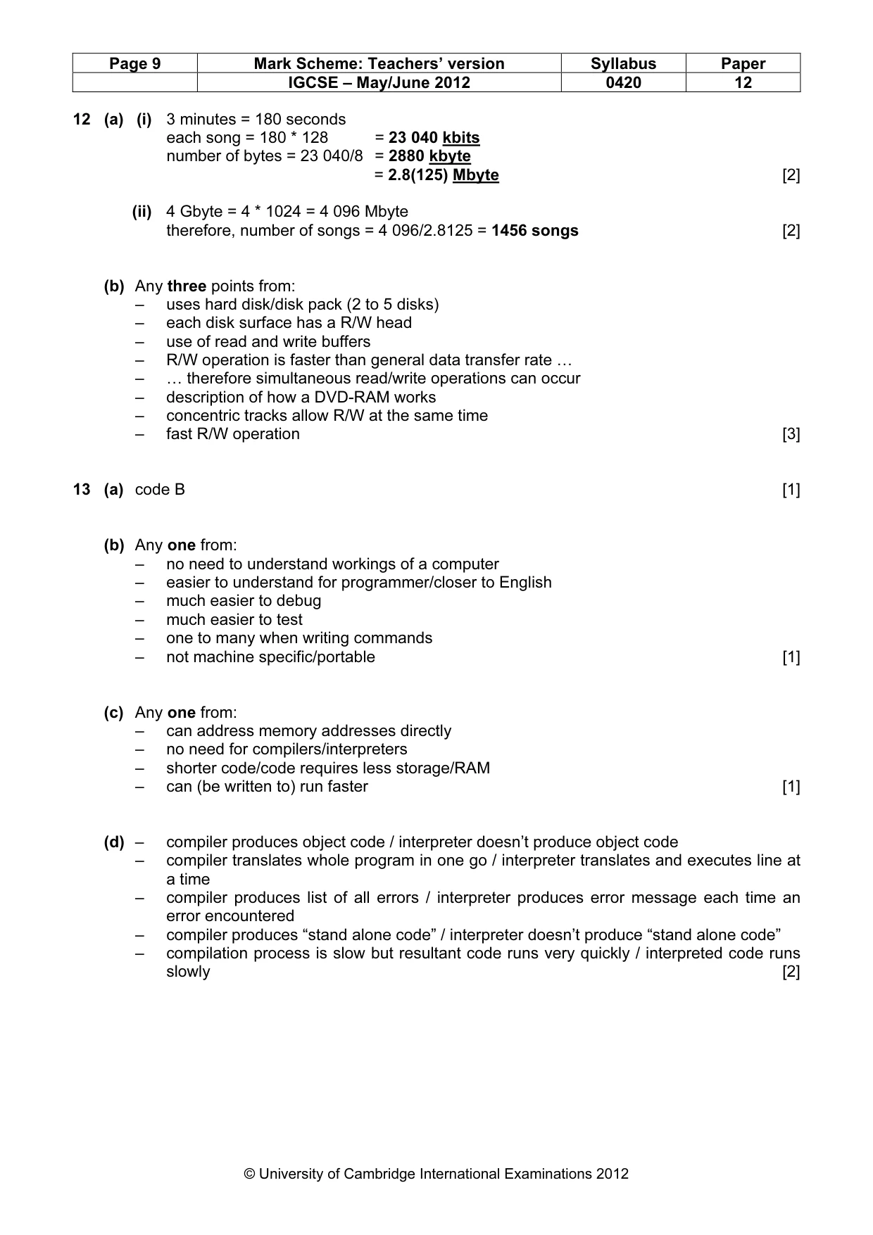 Mark scheme, page 9 of 11