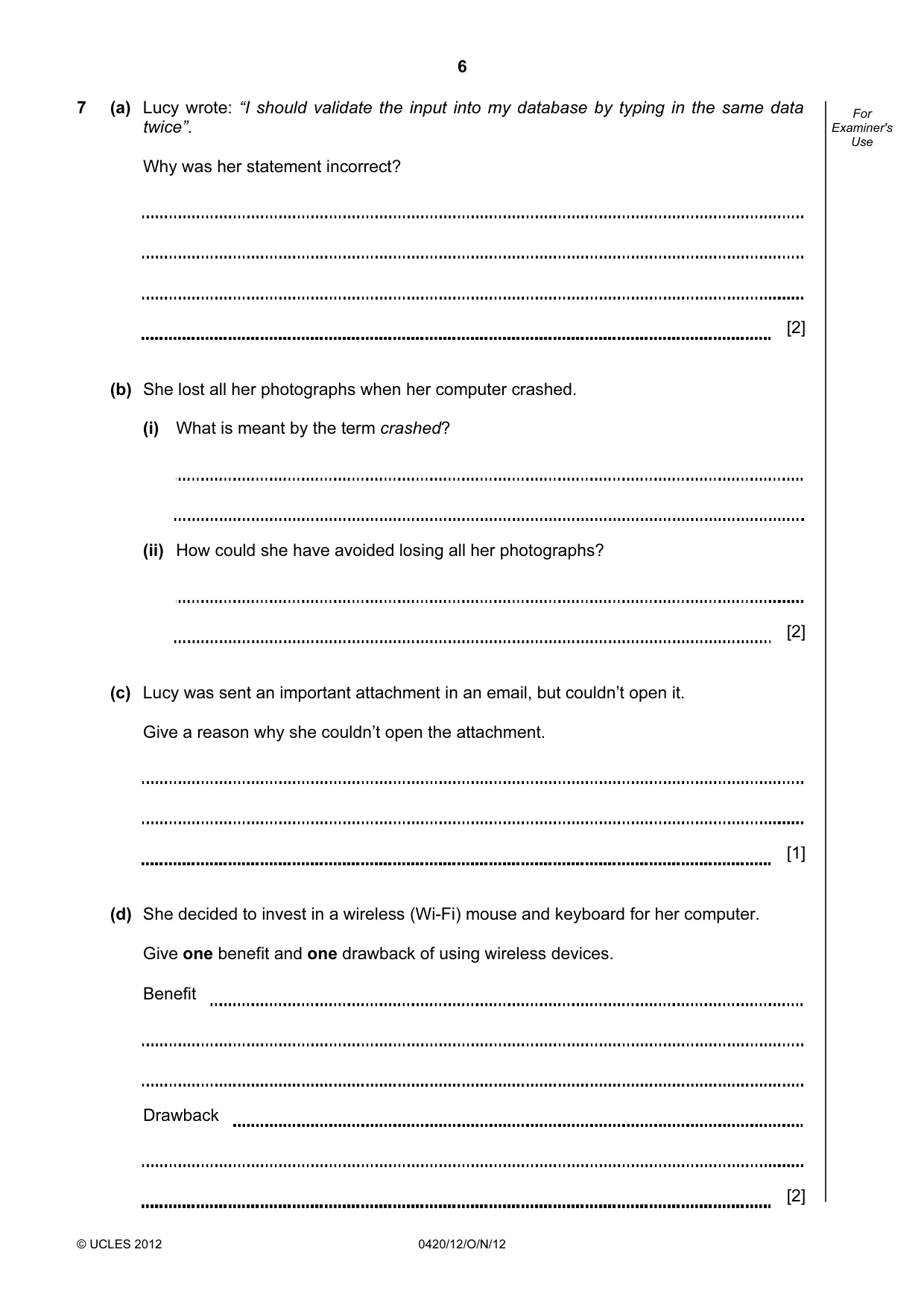 Cambridge IGCSE Computer Studies 0420 2012 Oct/Nov Paper 1 · Variant 2 question paper, page 6 of 20
