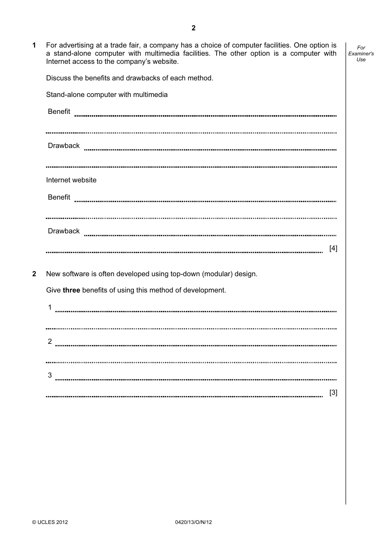 Cambridge IGCSE Computer Studies 0420 2012 Oct/Nov Paper 1 · Variant 3 question paper, page 2 of 20