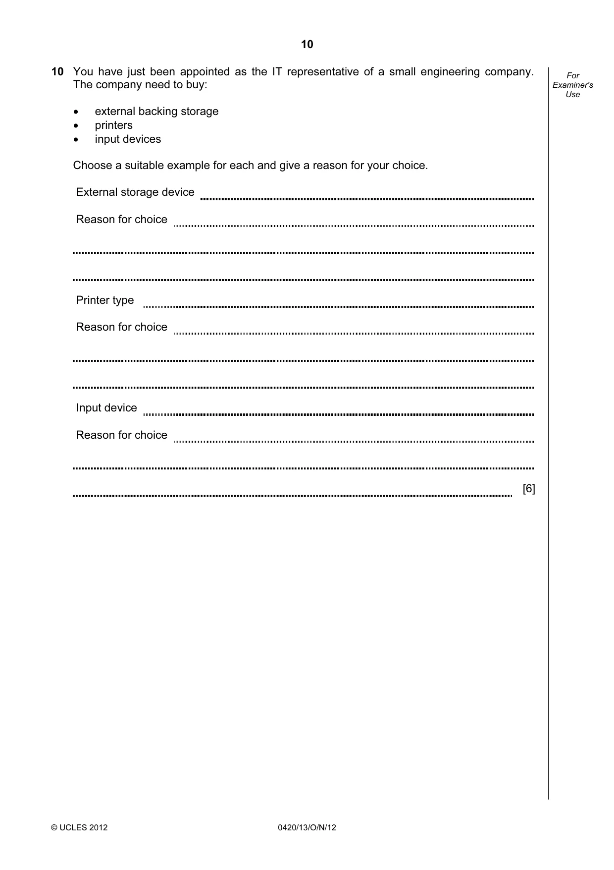 Cambridge IGCSE Computer Studies 0420 2012 Oct/Nov Paper 1 · Variant 3 question paper, page 10 of 20