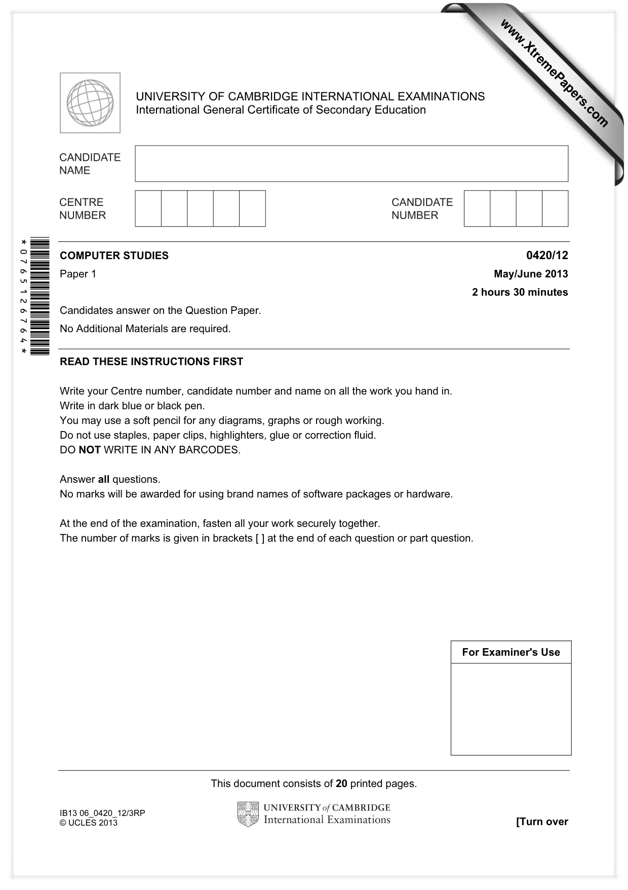 Cambridge IGCSE Computer Studies 0420 2013 May/June Paper 1 · Variant 2 question paper, page 1 of 20