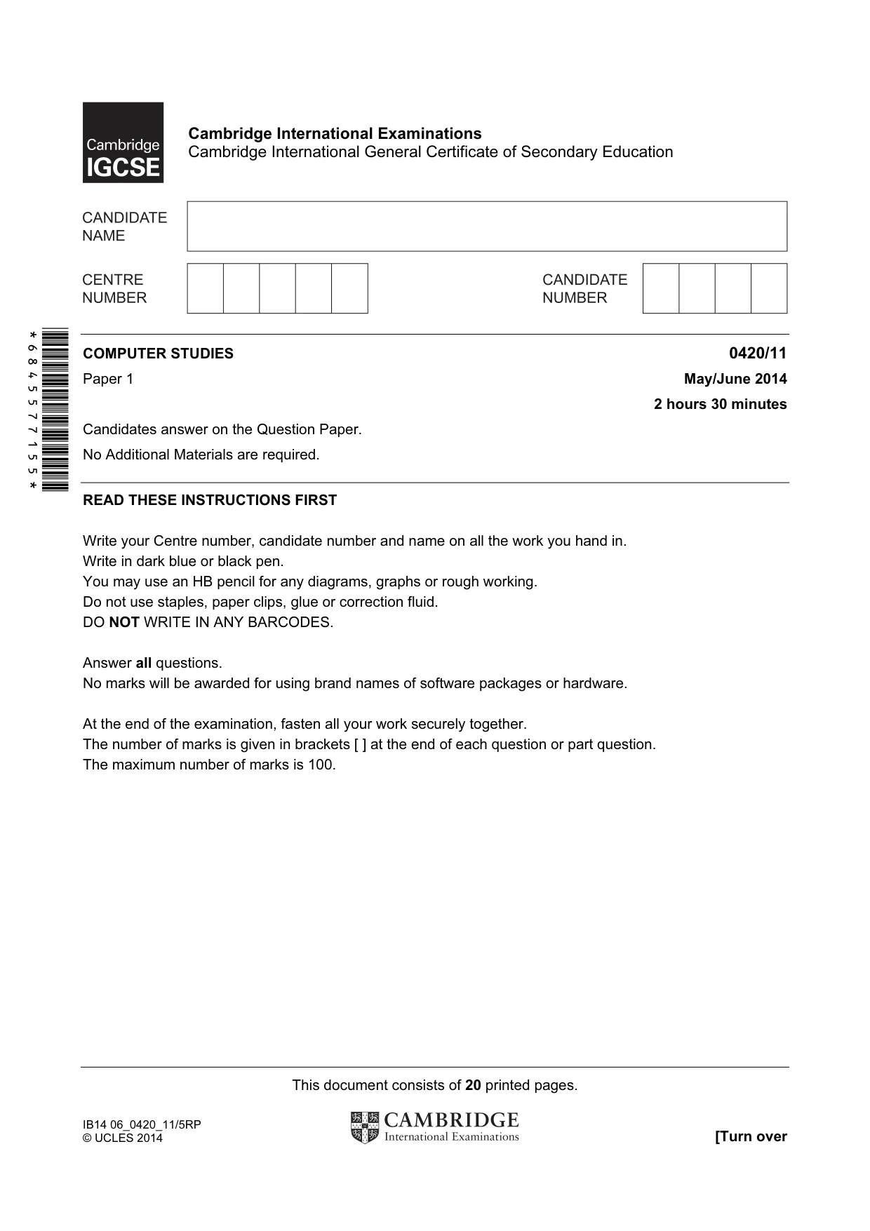 Cambridge IGCSE Computer Studies 0420 2014 May/June Paper 1 · Variant 1 question paper, page 1 of 20