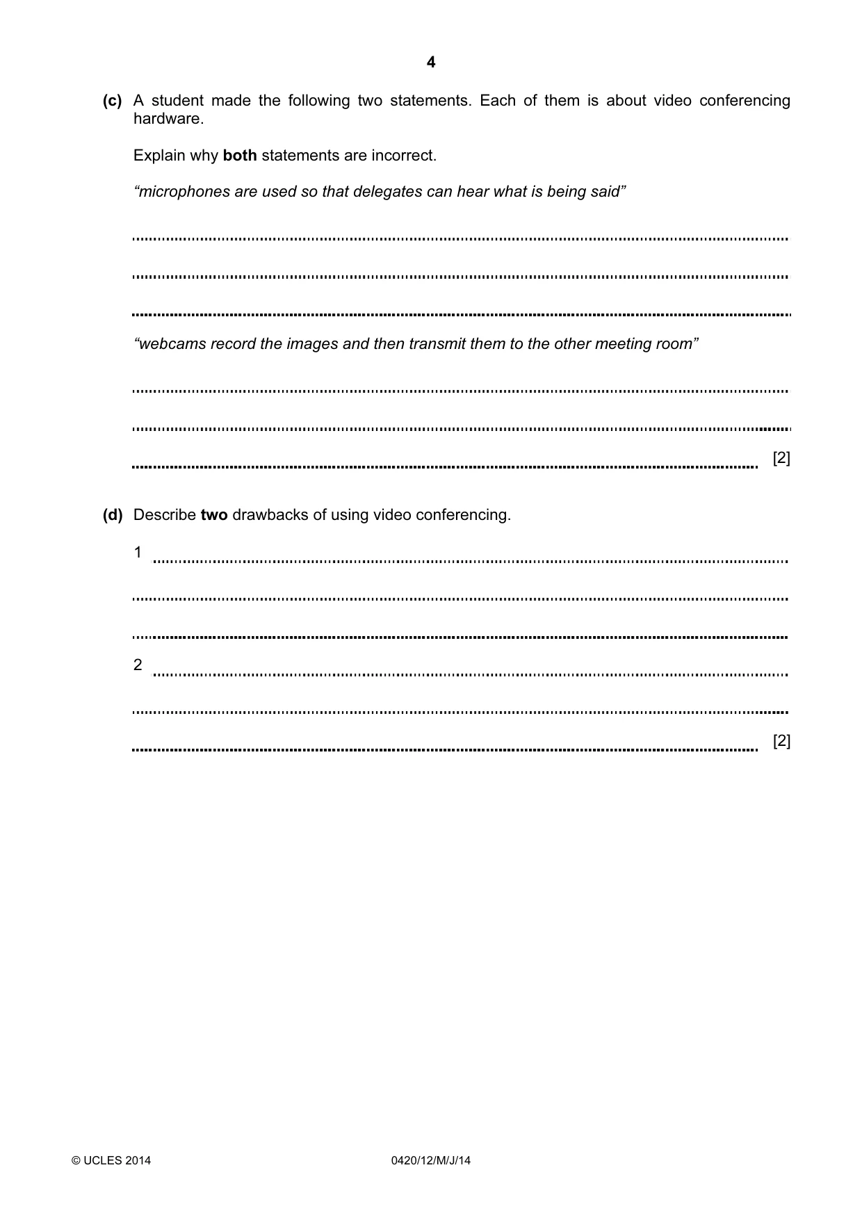 Cambridge IGCSE Computer Studies 0420 2014 May/June Paper 1 · Variant 2 question paper, page 4 of 24