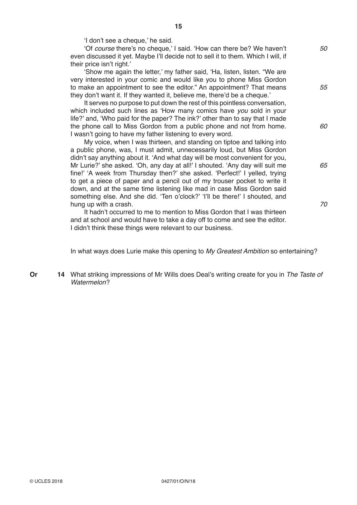 Cambridge IGCSE English - Literature (BES) 0427 2018 Oct/Nov Paper 1 · Variant 0 question paper, page 15 of 16