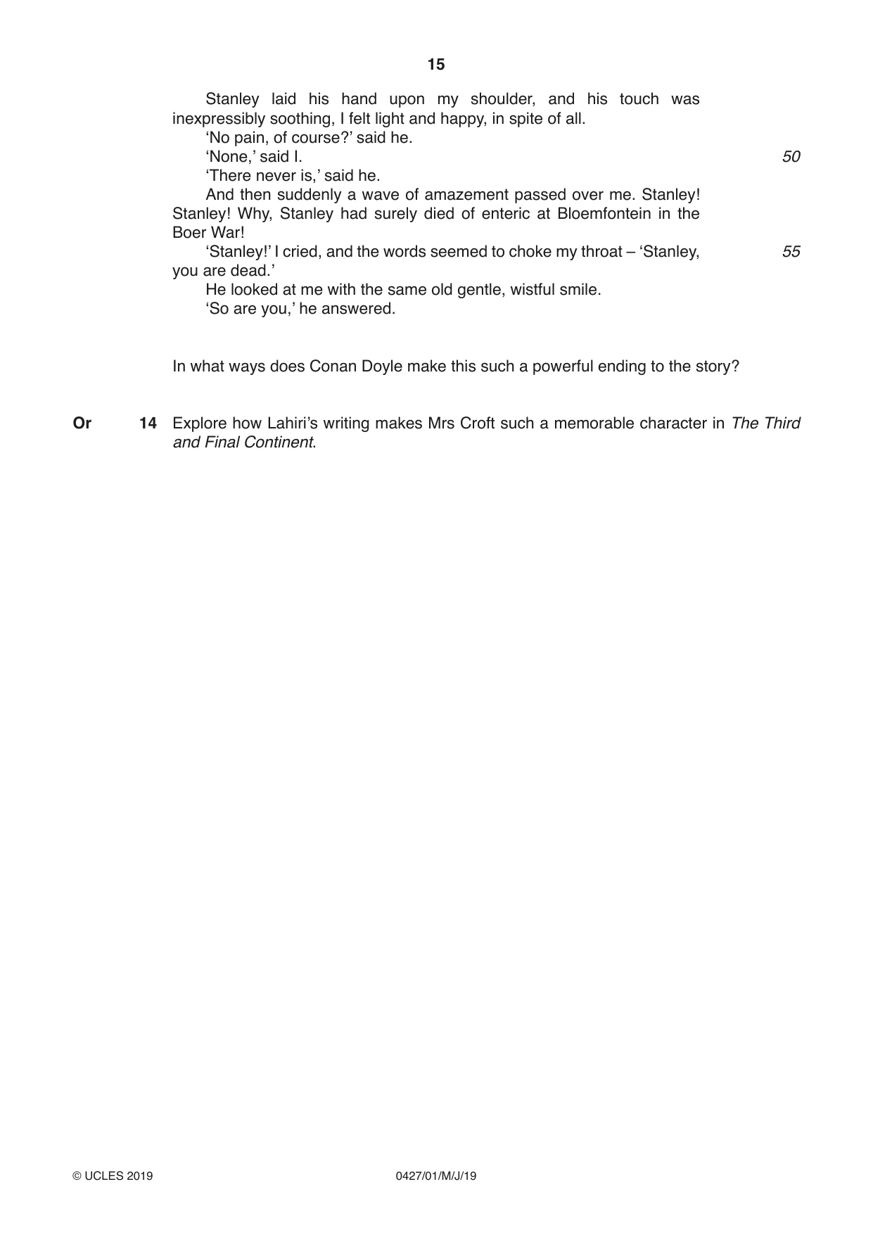 Cambridge IGCSE English - Literature (BES) 0427 2019 May/June Paper 1 · Variant 1 question paper, page 15 of 16