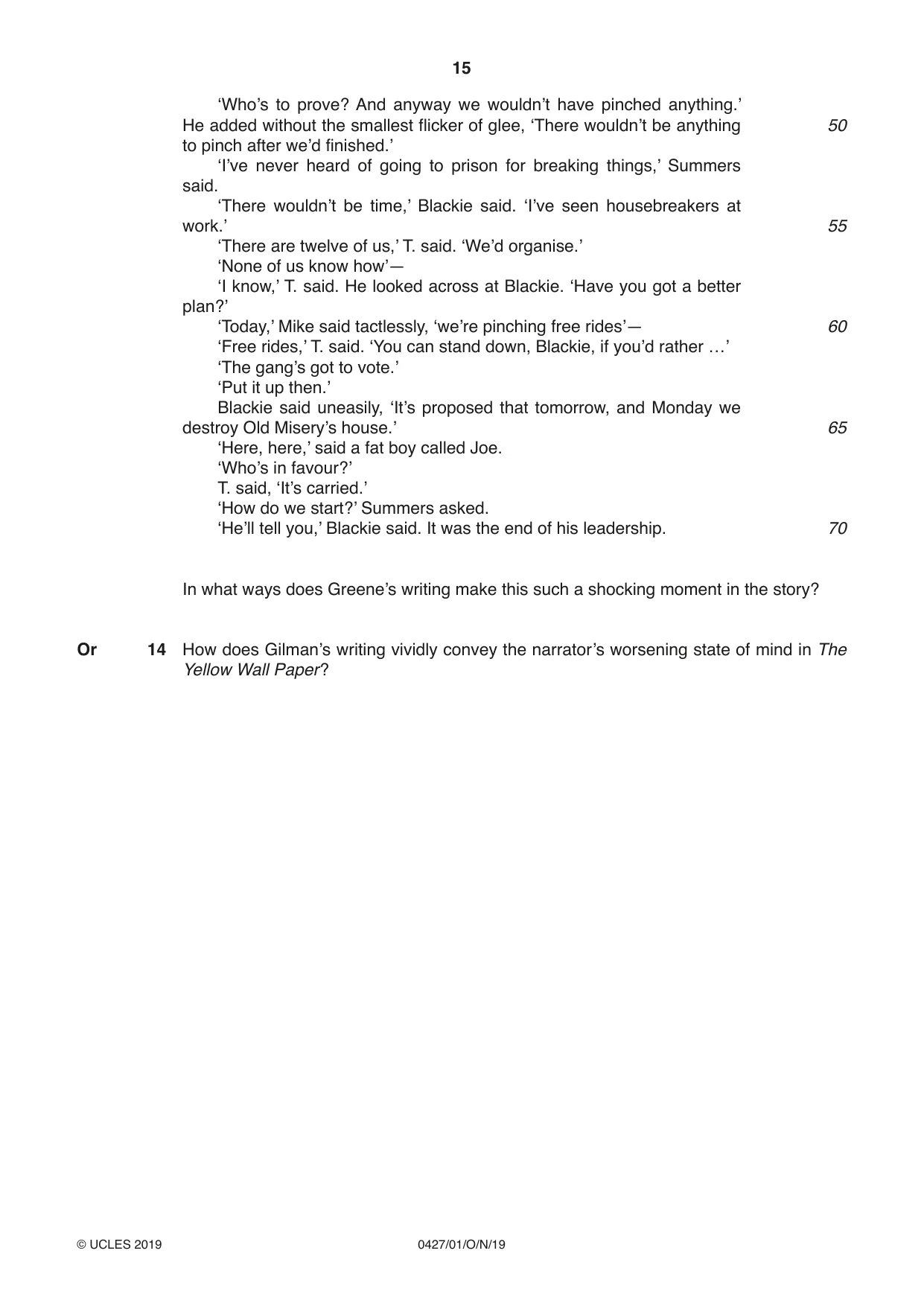 Cambridge IGCSE English - Literature (BES) 0427 2019 Oct/Nov Paper 1 · Variant 1 question paper, page 15 of 16