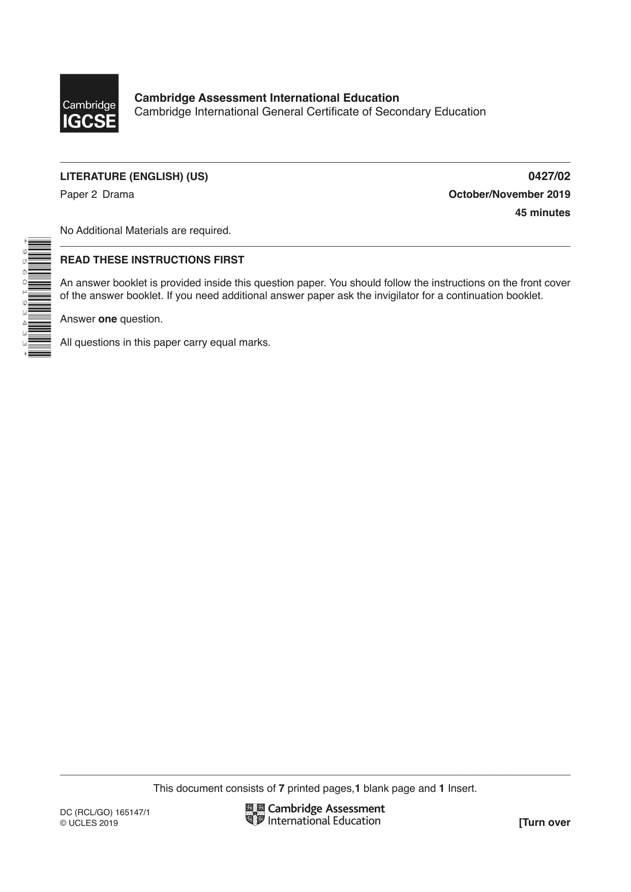 Cambridge IGCSE English - Literature (BES) 0427 2019 Oct/Nov Paper 2 · Variant 1 question paper, page 1 of 8