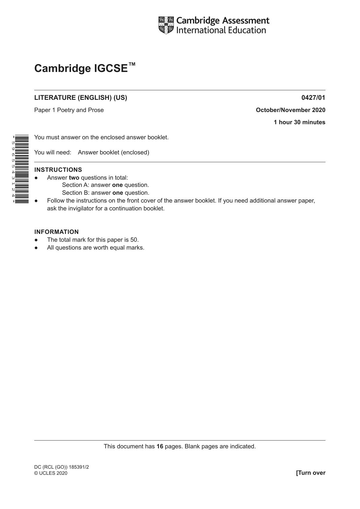 Cambridge IGCSE English - Literature (BES) 0427 2020 Oct/Nov Paper 1 · Variant 0 question paper, page 1 of 16