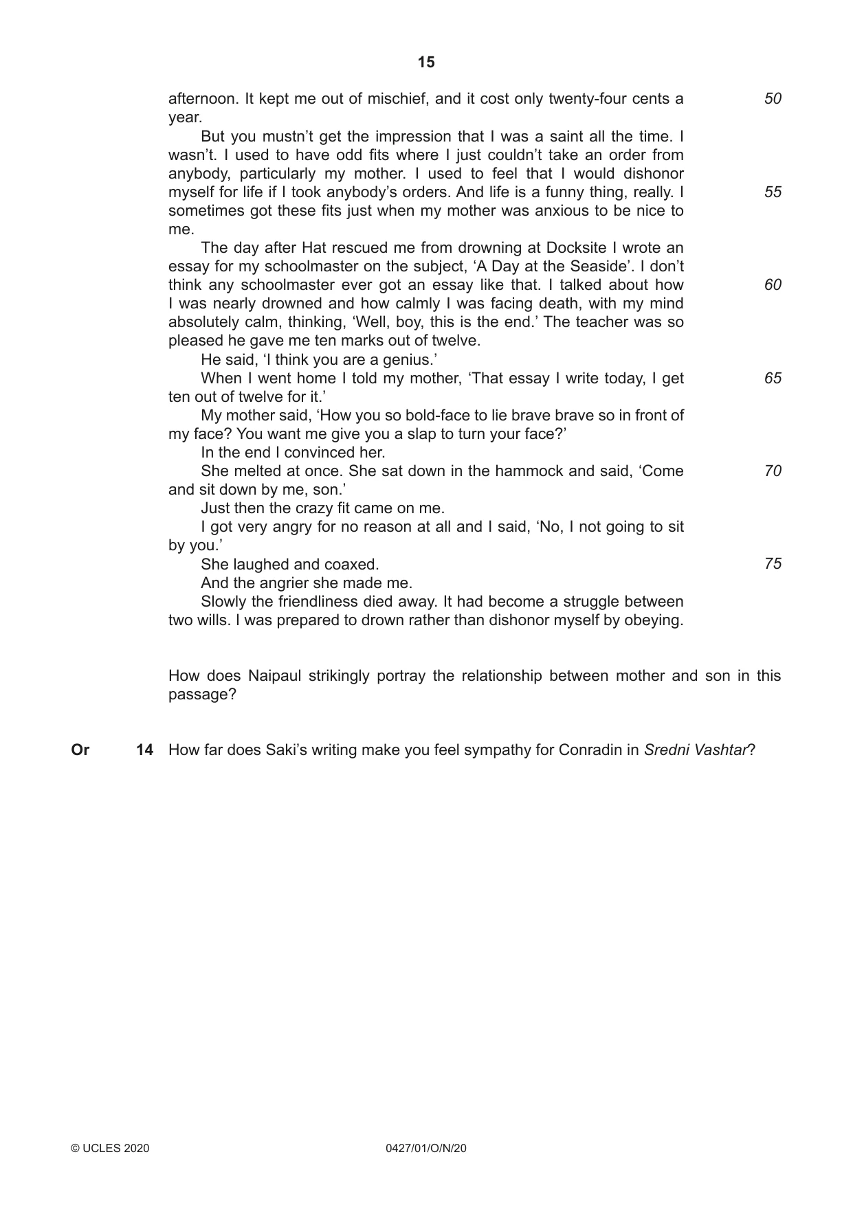 Cambridge IGCSE English - Literature (BES) 0427 2020 Oct/Nov Paper 1 · Variant 0 question paper, page 15 of 16