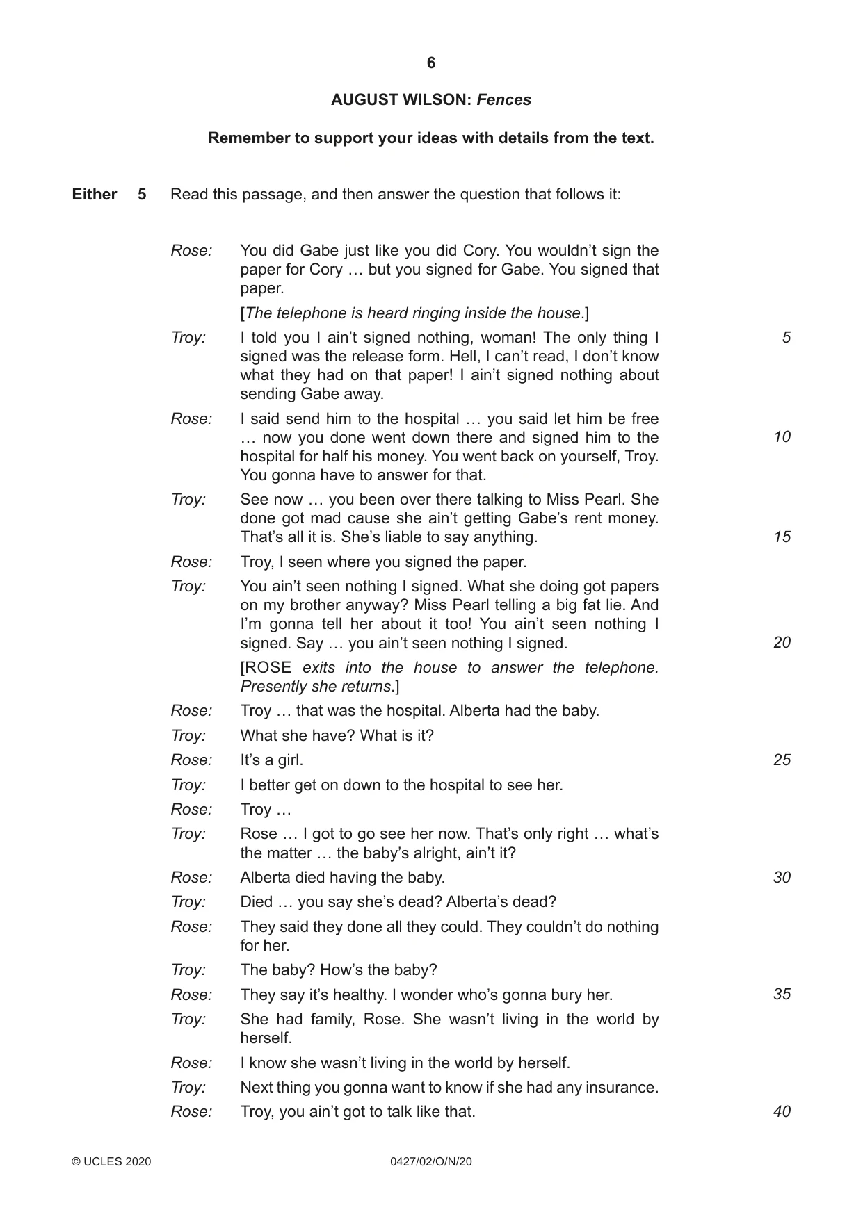 Cambridge IGCSE English - Literature (BES) 0427 2020 Oct/Nov Paper 2 · Variant 0 question paper, page 6 of 8