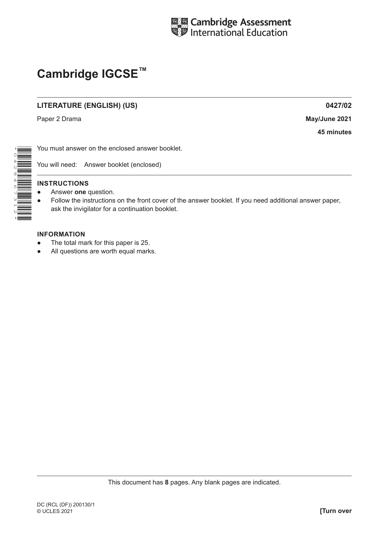 Cambridge IGCSE English - Literature (BES) 0427 2021 May/June Paper 2 · Variant 0 question paper, page 1 of 8