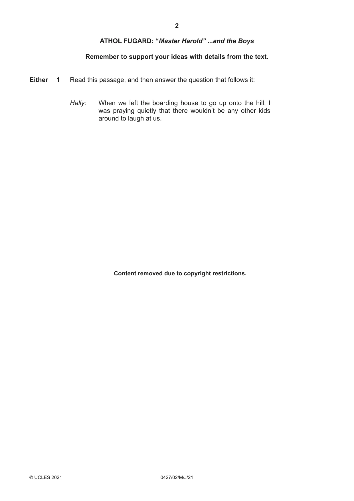 Cambridge IGCSE English - Literature (BES) 0427 2021 May/June Paper 2 · Variant 0 question paper, page 2 of 8