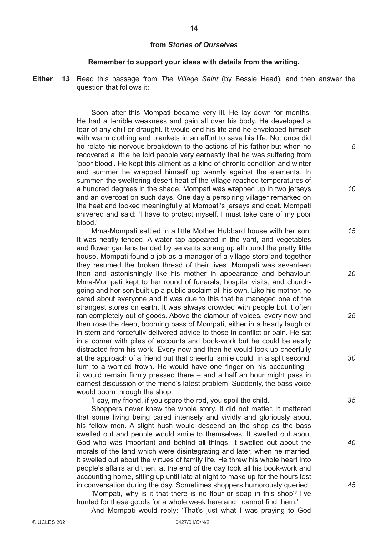Cambridge IGCSE English - Literature (BES) 0427 2021 Oct/Nov Paper 1 · Variant 0 question paper, page 14 of 16