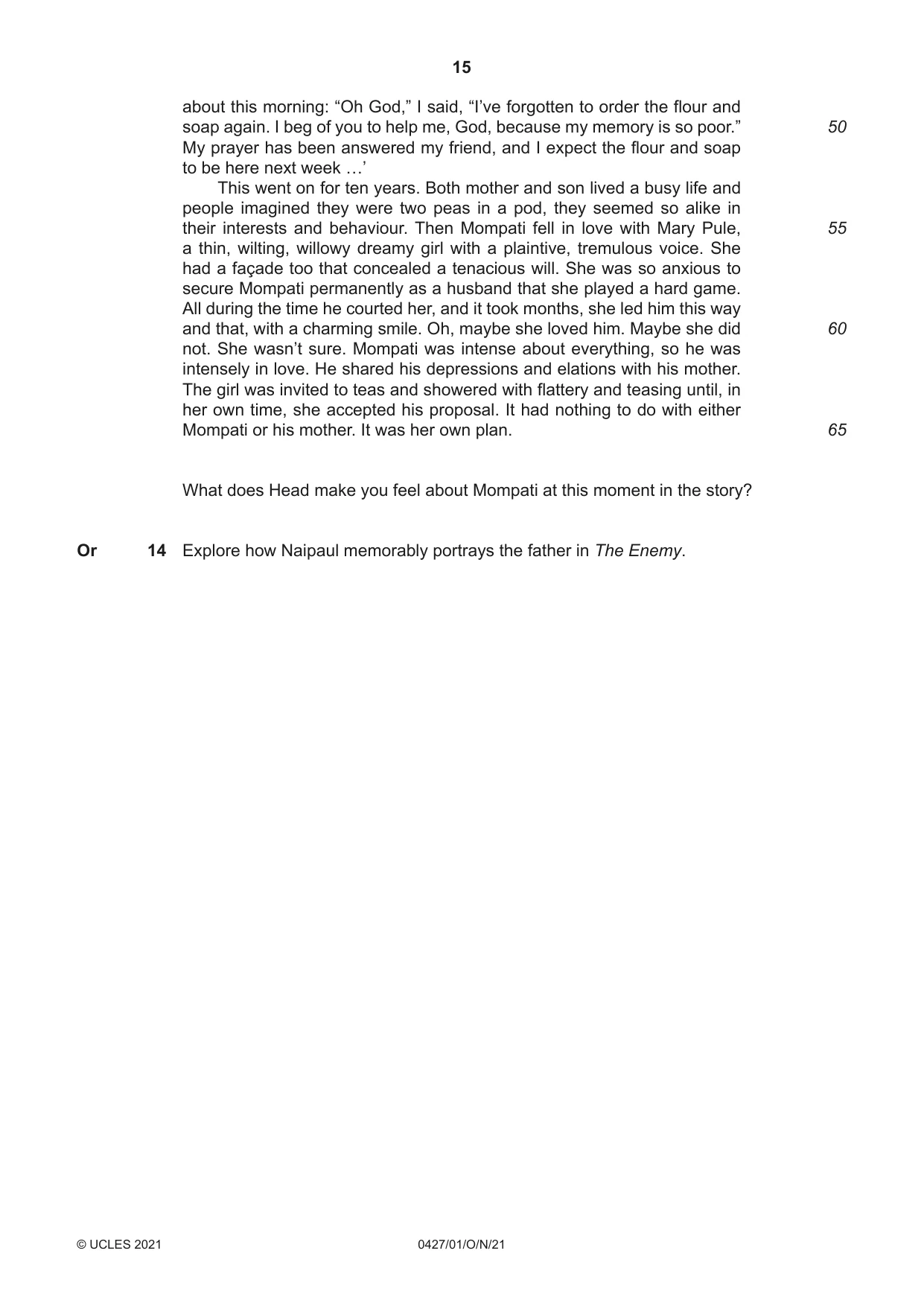 Cambridge IGCSE English - Literature (BES) 0427 2021 Oct/Nov Paper 1 · Variant 0 question paper, page 15 of 16