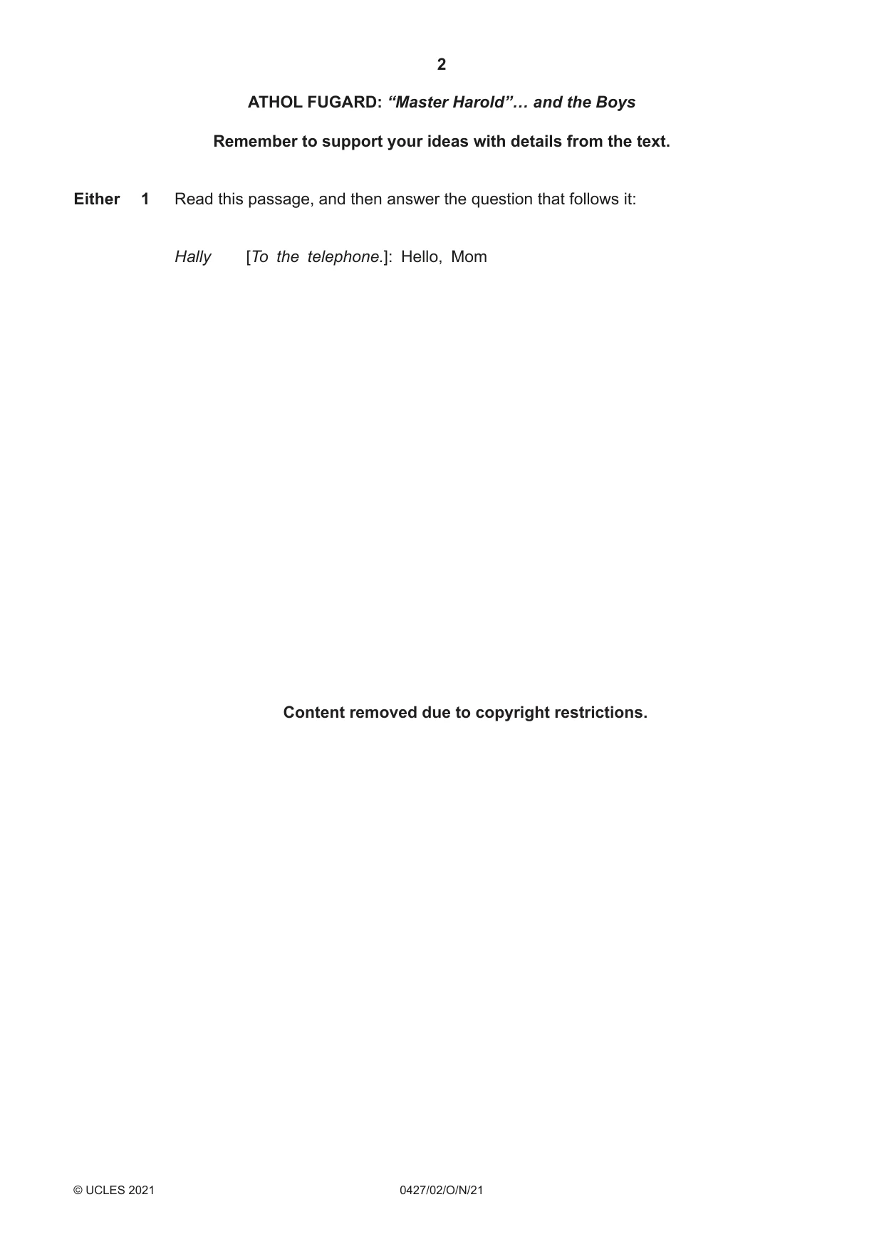 Cambridge IGCSE English - Literature (BES) 0427 2021 Oct/Nov Paper 2 · Variant 0 question paper, page 2 of 8