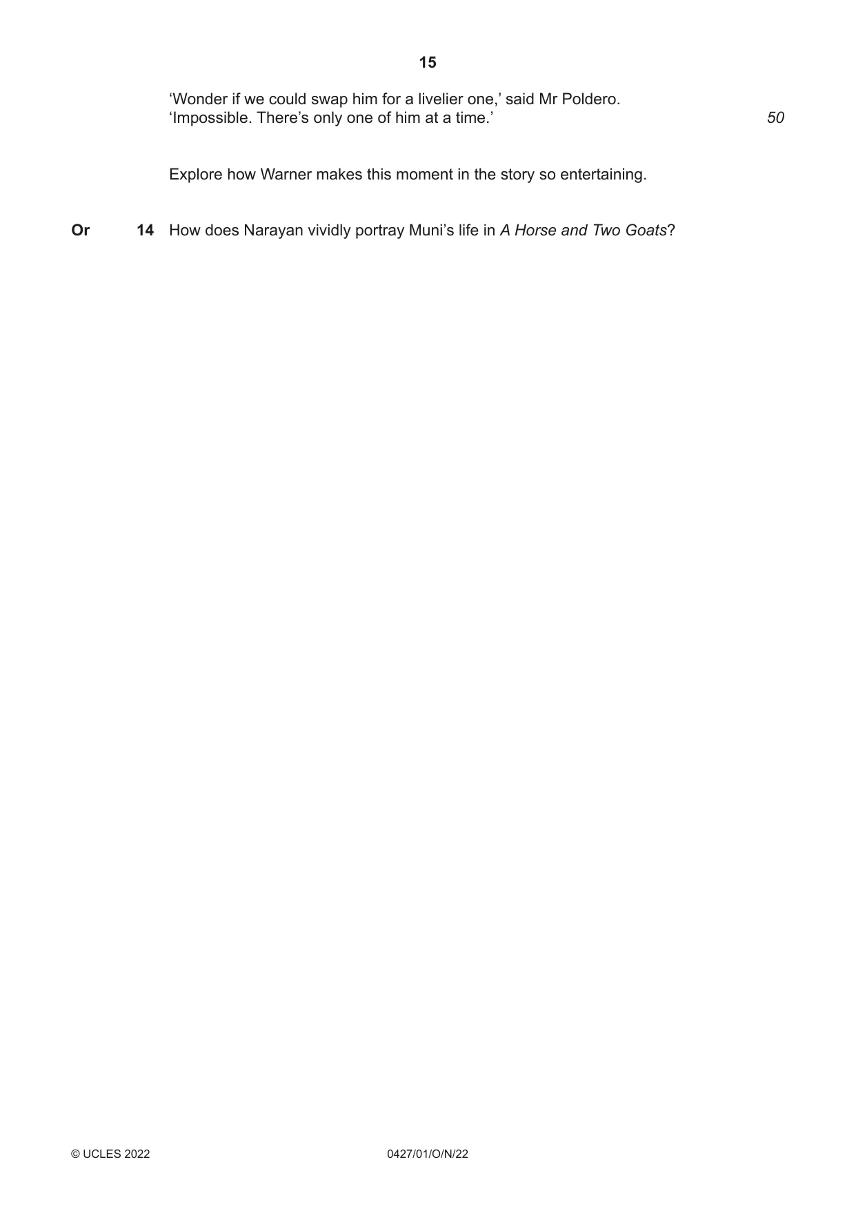 Cambridge IGCSE English - Literature (BES) 0427 2022 Oct/Nov Paper 1 · Variant 0 question paper, page 15 of 16